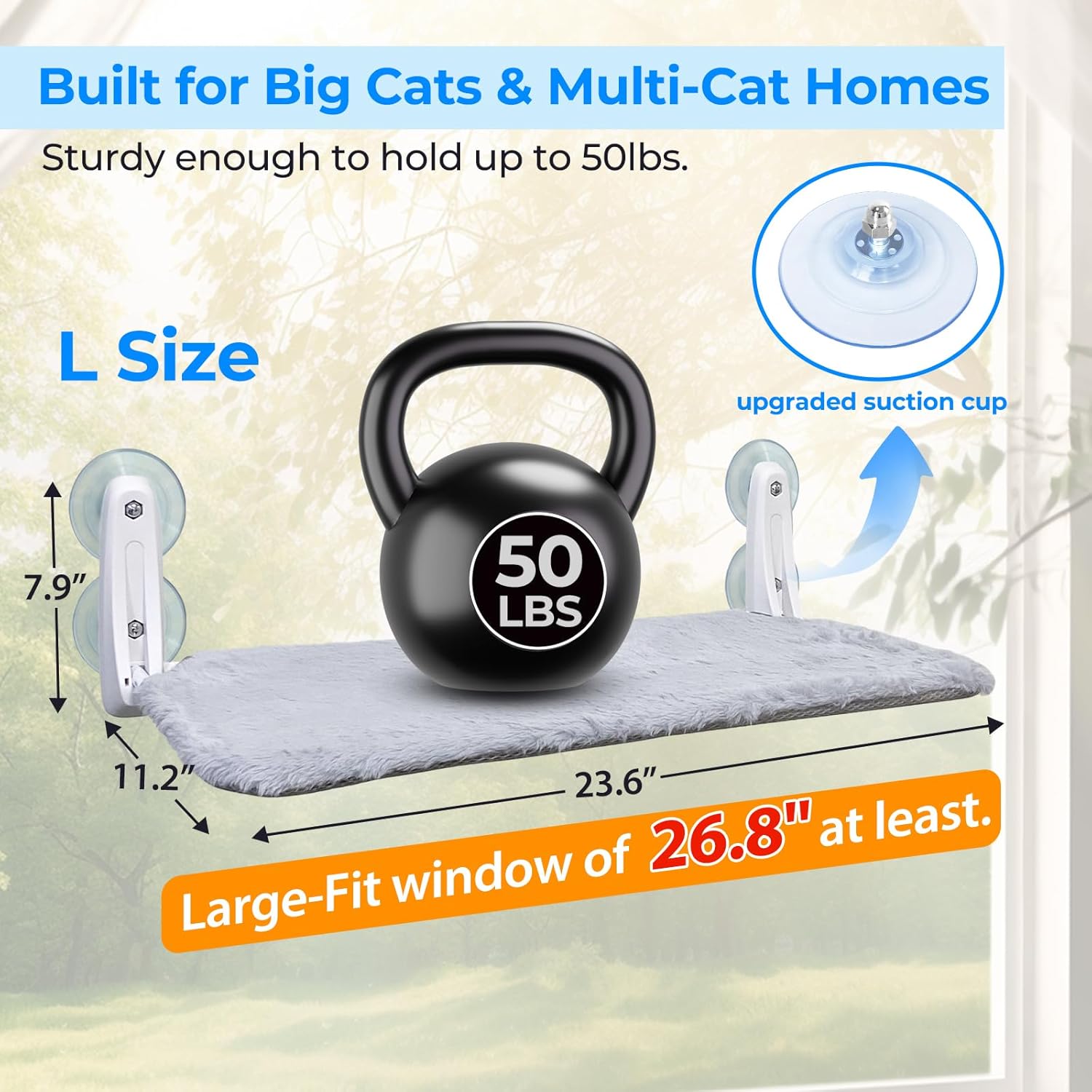 L&W BROS. 2 Pc Heavy Duty Cat Window Perch Holds up to 50 lbs, Foldable Cat Window Hammock with 4 Strong Suction Cups, Easy to Install, 24″ Window Seat for Large or Multiple Cats (L 2Pc)