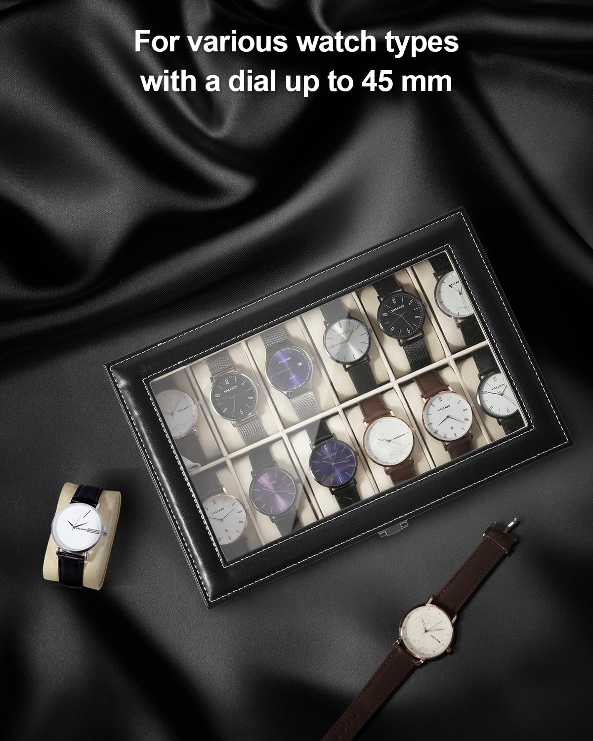 Uten Estuche para Relojes y Joyeros con 12 Rejillas, Forro de Terciopelo, Cubierta de Cristal