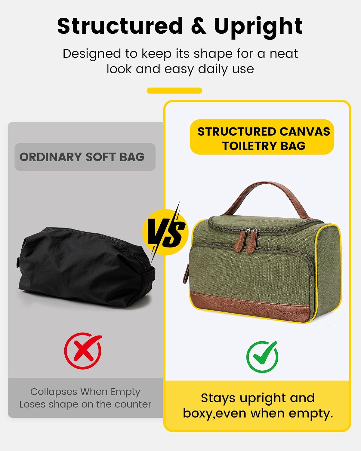 Vorspack Structured Canvas Toiletry Bag for Men, Upright Travel Bag with Wet Pocket, Wide Opening Bathroom Organizer for Shaving, Grooming, Skincare, Travel Essentials, Medium-Green