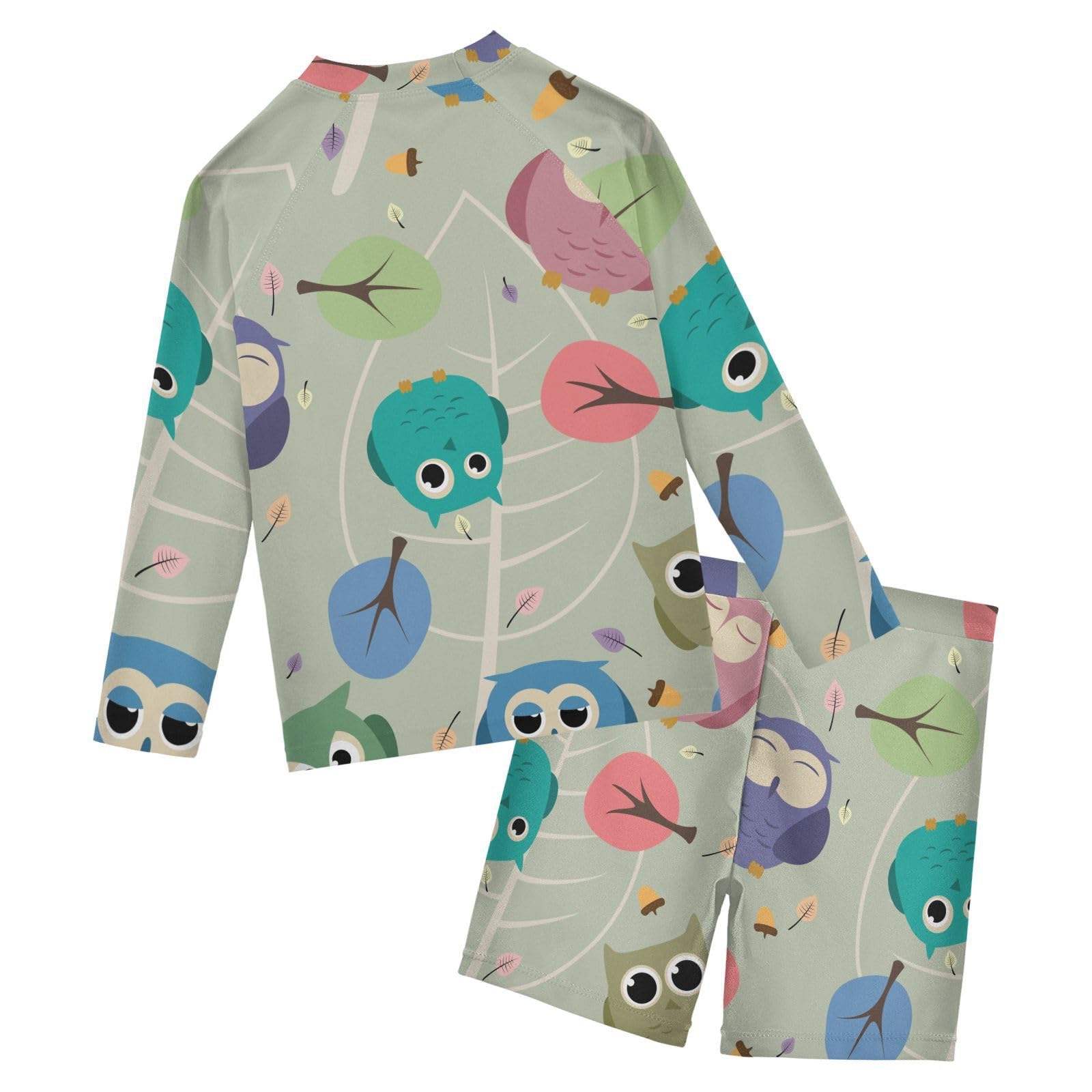 Aflyko Kids' Bathing Suit Set Rainbow Owl Cartoon Leaves Long Sleeve Swim Tops with Shorts Summer Vacation Pool Party Rashguard Fun Cute Infant Beachwear, 4T