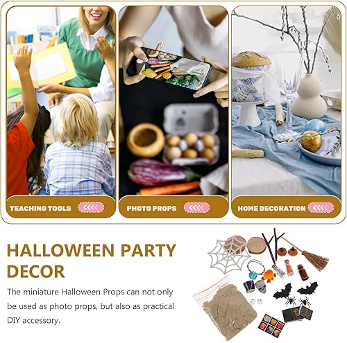 Miniatura 5 de LUOZZY Accesorios para casa de muñecas con temática de Halloween, diseño de murciélago de bruja en miniatura, calabaza, calavera y calabaza para