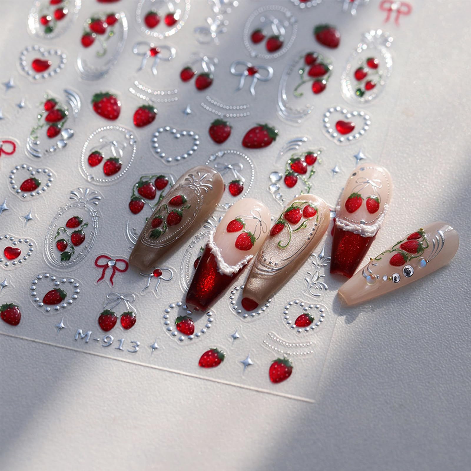 UEYRSEDB 5D Embossed Strawberry Nail Stickers Red Crystal Rhinestone Nail Art Stickers Self-Adhesive Heart Nails Decals Cute Red Bow Design Spring