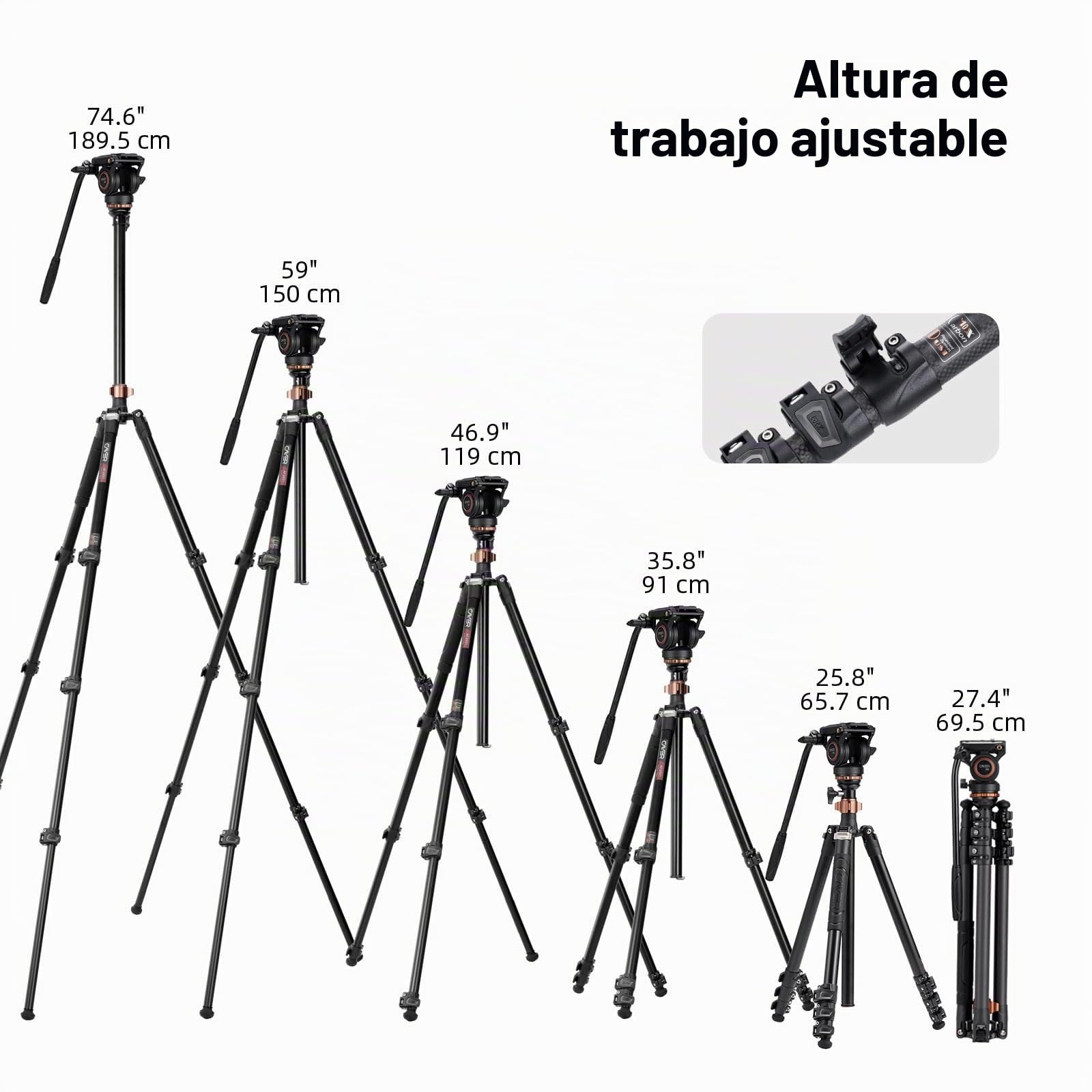 Cayer CF2451 Trípode de Video de Fibra de Carbono de 74 Pulgadas con Cabezal de Arrastre Fluido, trípode Compacto de 4 Secciones DSLR Convertible a monopié, para cámara Canon Nikon Sony DSLR