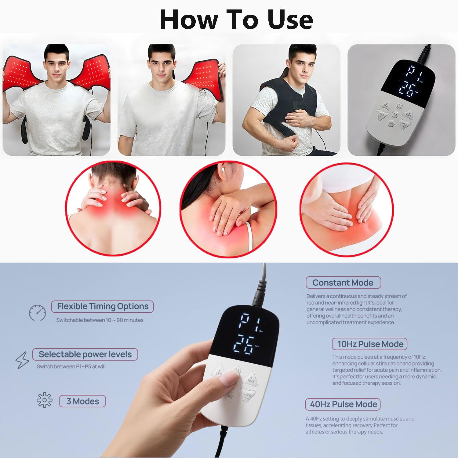 Almohadilla Térmica Luz Roja y Infrarroja para Hombros Cuello y Cervical Espalda, Terapia de Luz Roja 650 y 808 Portatil, Red Light Therapy 165 LED Lampara Infrarrojos Relaja Los Músculos