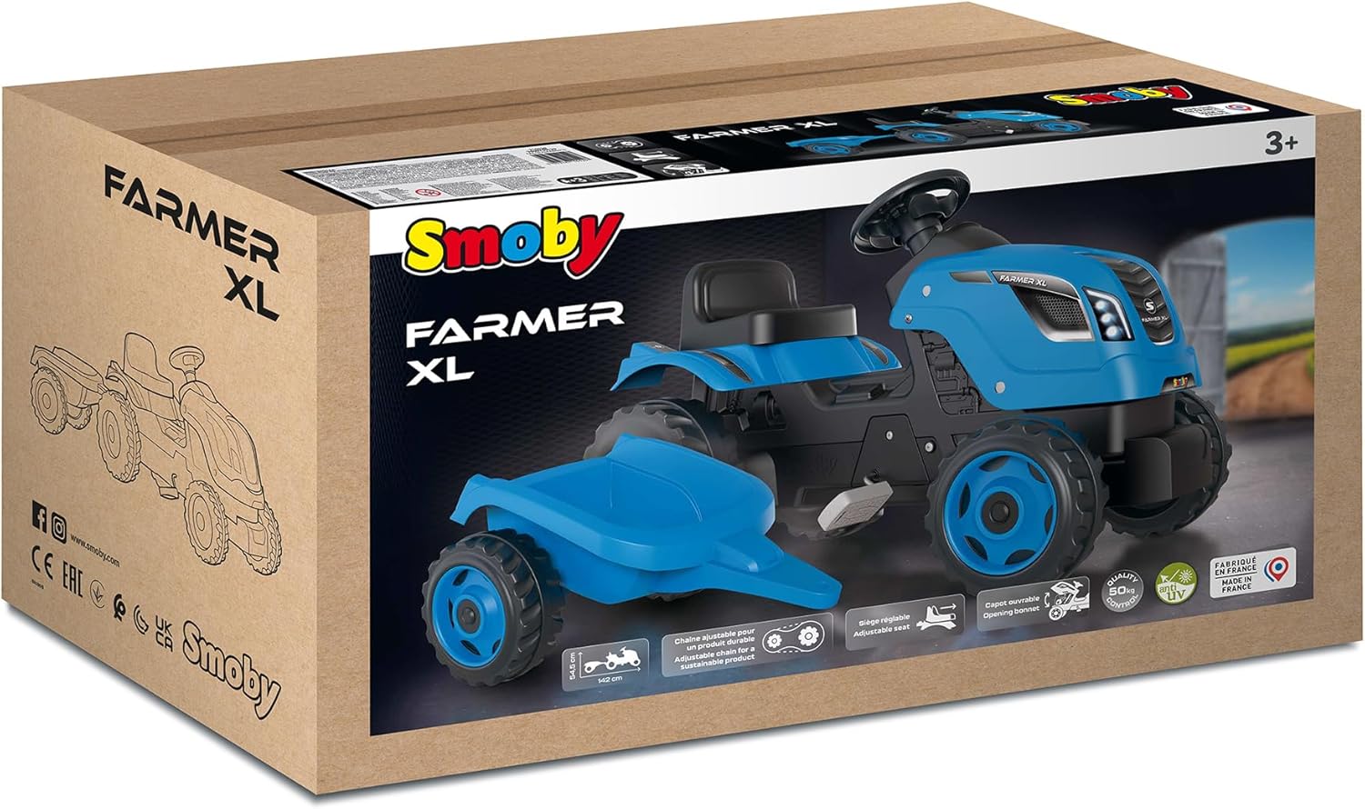 Smoby - Farmer XL Blue Tractor + Trailer - Child Pedal Tractor - Adjustable Seat - Steering Wheel with Horn - Open Hood - 710129