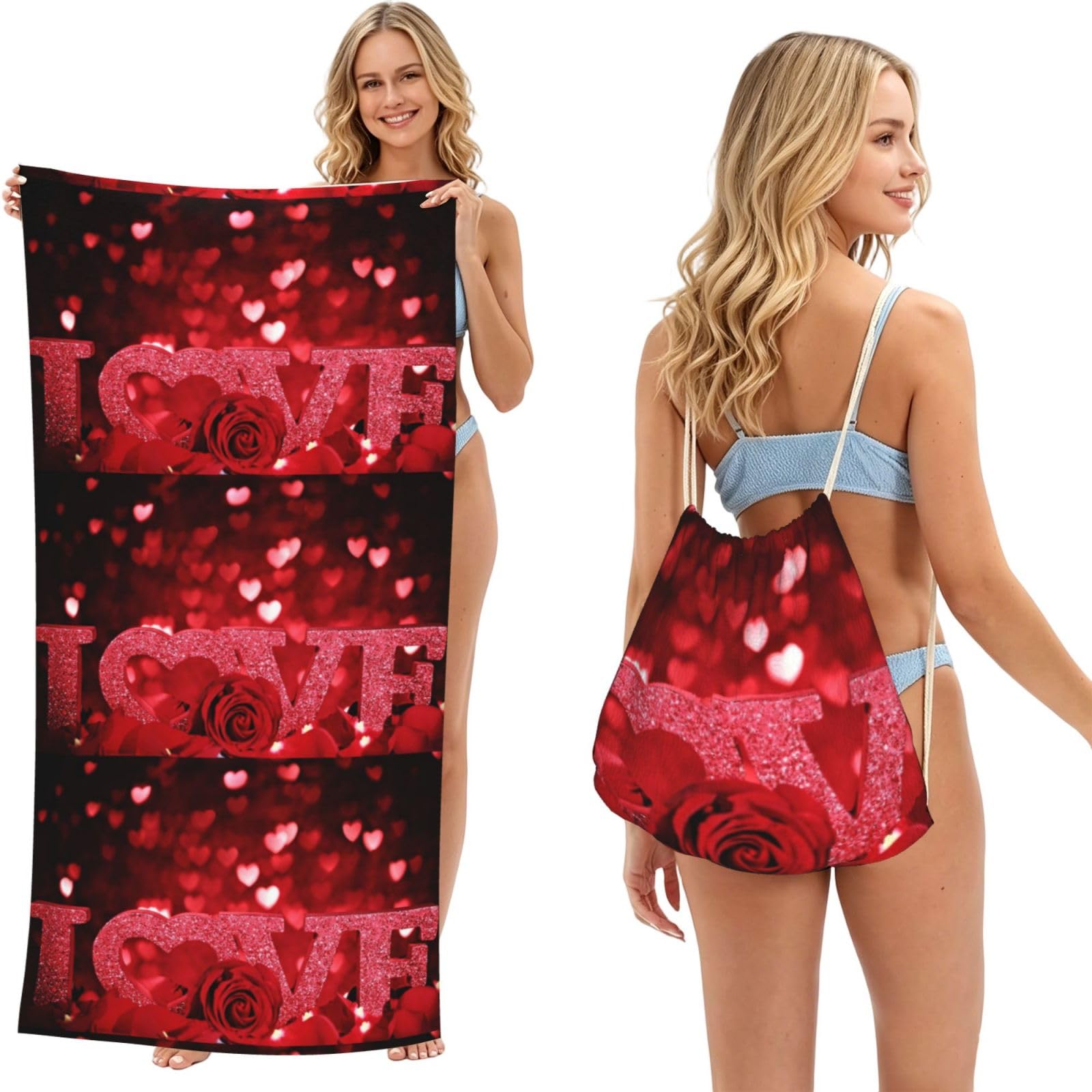 Poadnly As Picture Valentines Day Printed, 2 In 1 Packable Towel Bag, Beach Towels With Drawstring Backpack For Travel Holiday Camping