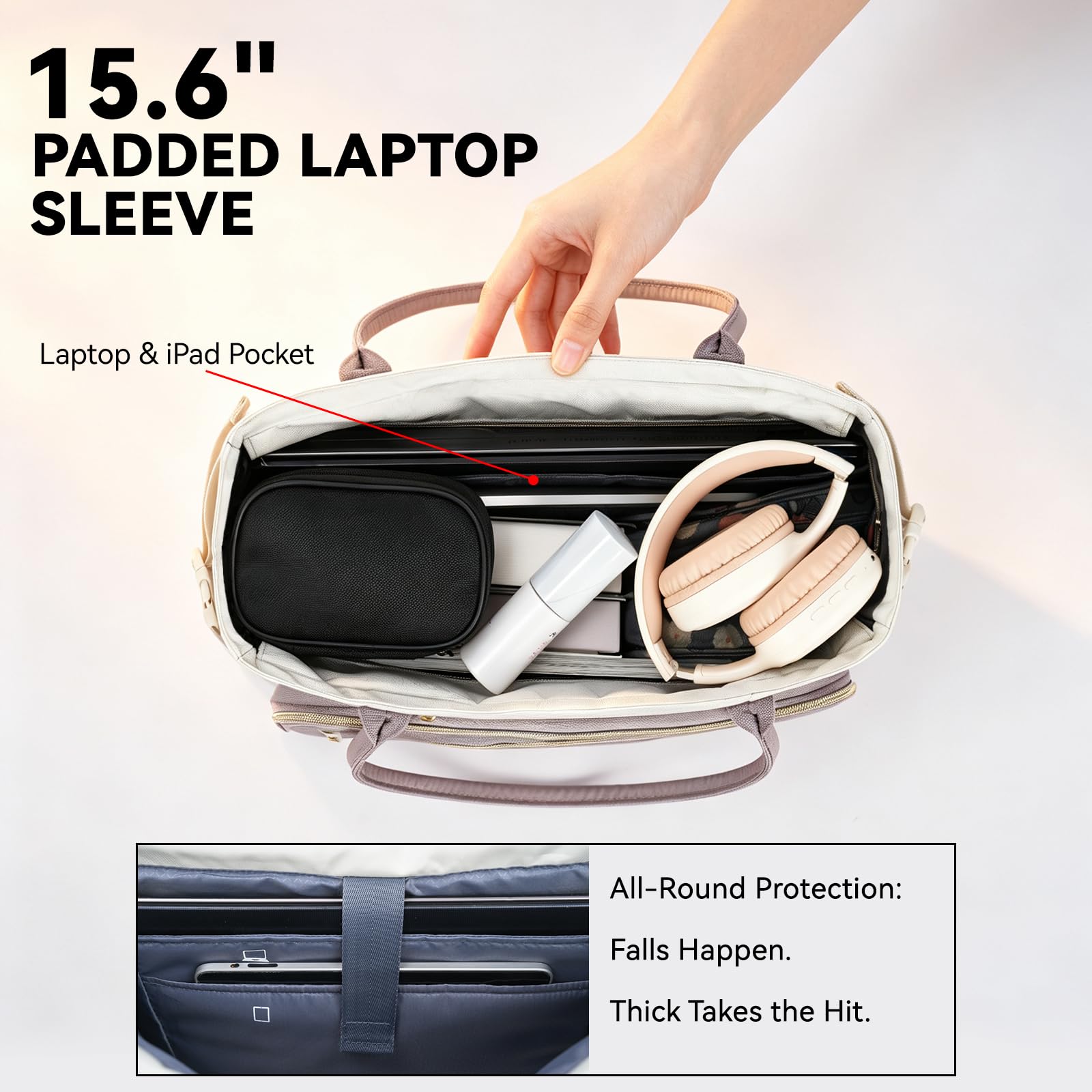 VANKEAN Torba na laptopa dla kobiet, 15,6 cala, wodoodporna torba na ramię, duża torba na ramię, do pracy, podróży służbowych, BEŻOWY/DUSTY PINK