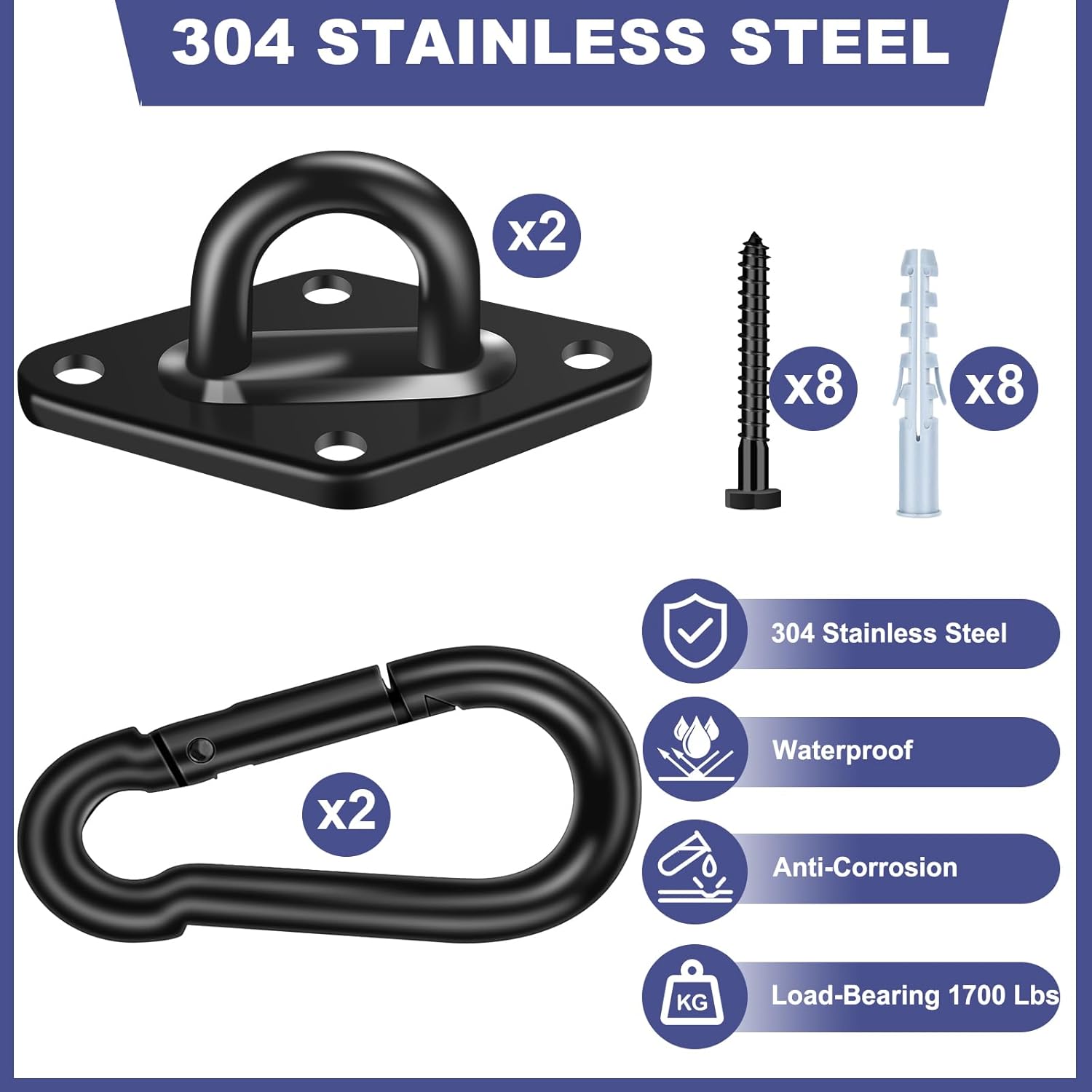 Hammock Hooks 4 Pack, Heavy Duty Hammock Hanging Kit, M10 304 Stainless Steel Pad Eye Hanging Hooks for Porch Swing Hang, 3400Lbs Holding Capacity,Black