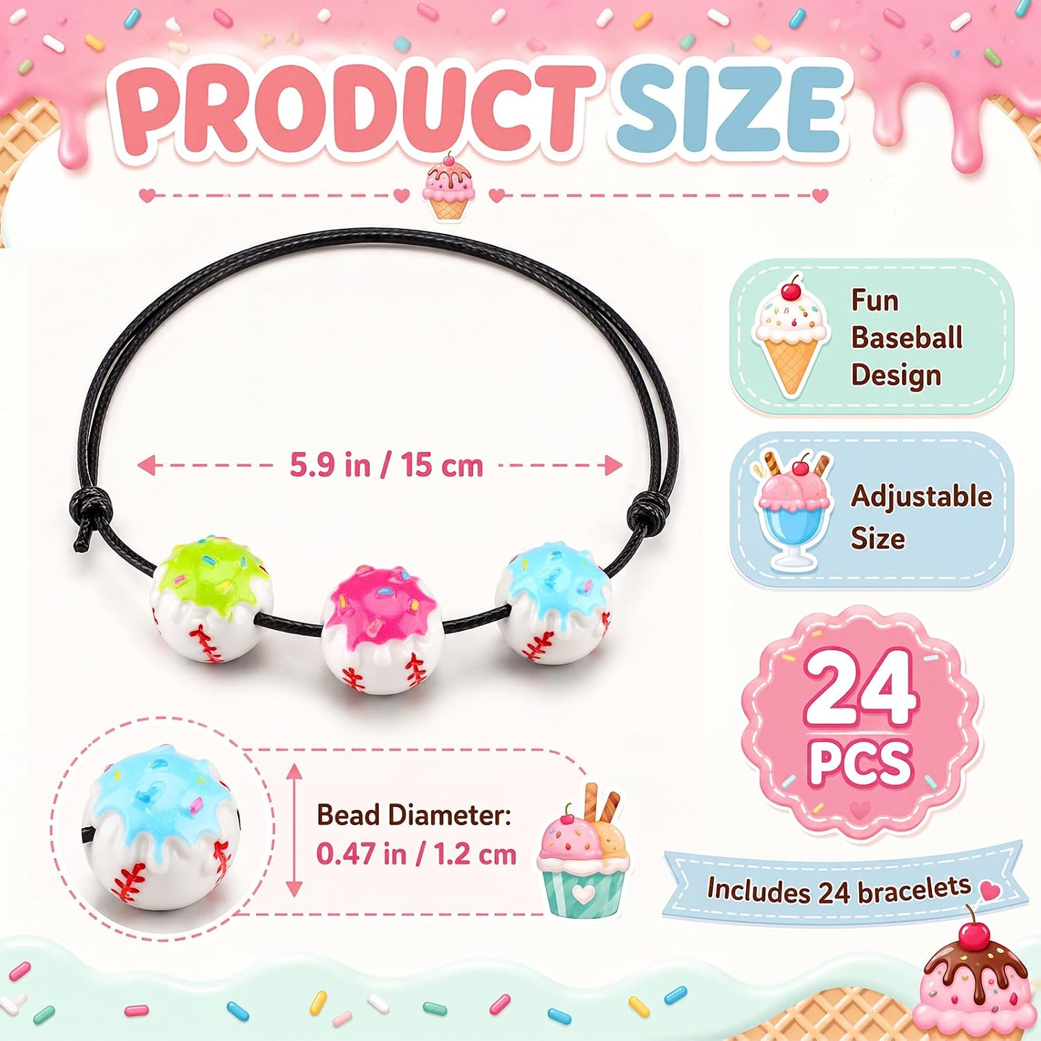 24 Pcs Baseball Ice Cream Drip Bracelets | Adjustable Handmade Braided Wristbands, 3 Styles, Sport Accessories Gift, Baseball Teams, Birthday Party Favors, for Adults