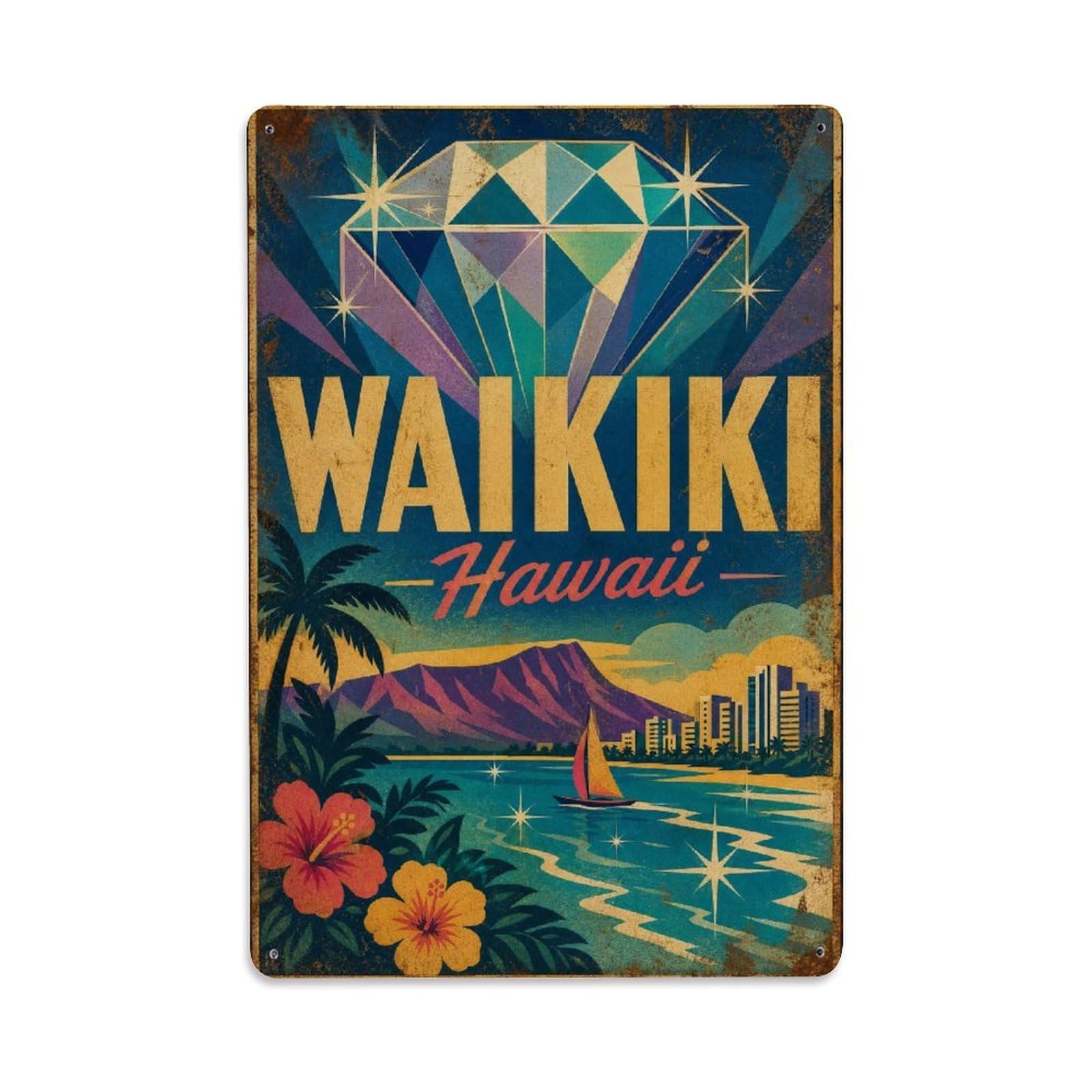 Waikiki Hawaii Coastal Tropical Coast Island Travel Metal Tin Sign
