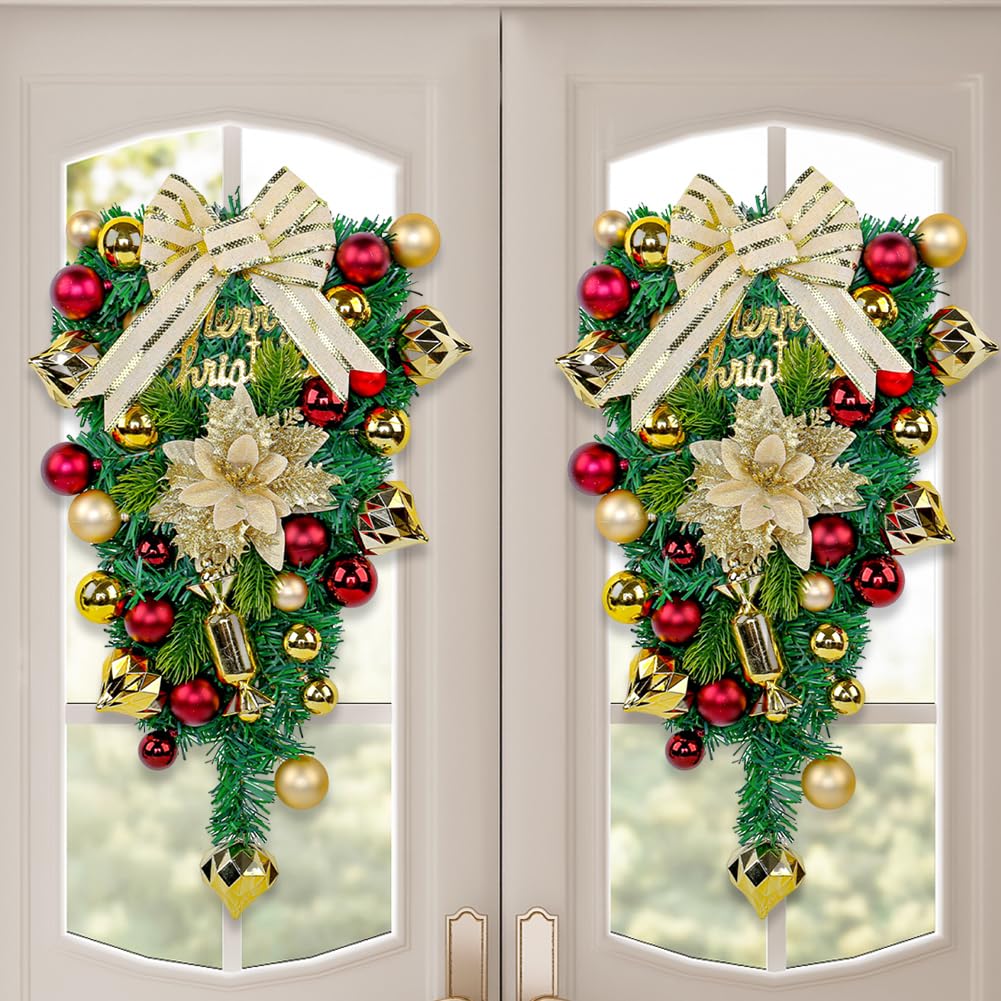 JOYWU 2 Pcs Christmas Teardrop Swag for Front Door,18 in Prelit Christmas Stair Swags with Xmas Balls,Bowknot and Merry Christmas Signs,Santa/Reindeer Artificial Pine Swag Decorations (Gold)
