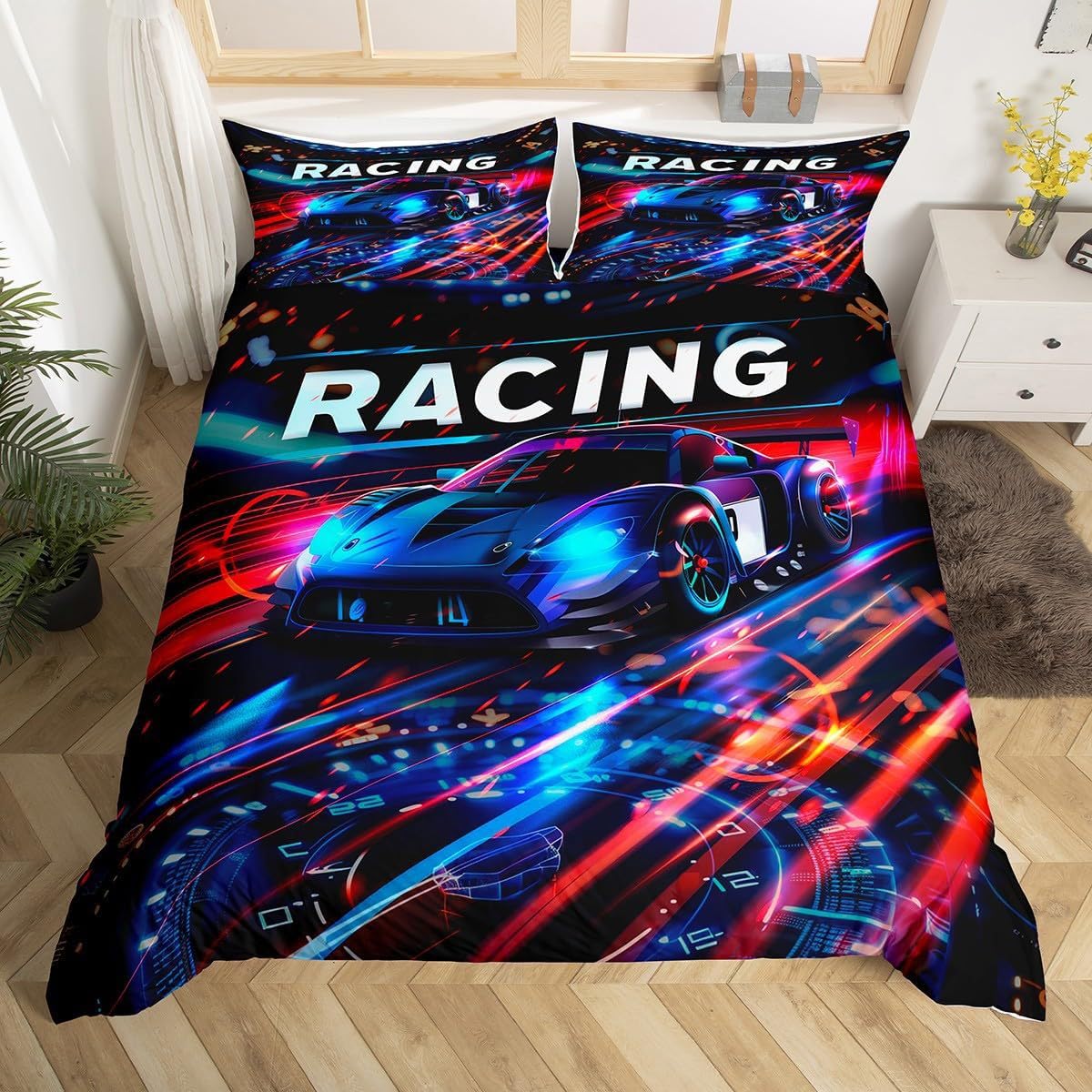 LYJKLST Sports car Bedding Racing car Duvet Covers Milky Way Bed Set Starry sky Quilt Cover Set With Pillowcase for Kid Teens Boys and girls Man Duvet Set Double