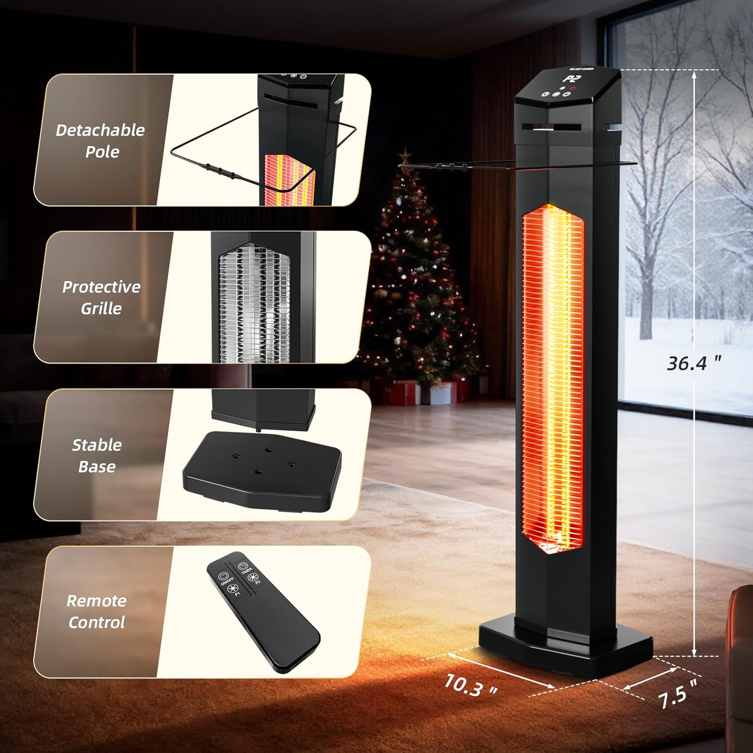1500W Electric Patio Heater, 36inch Infrared Heater with Remote, IPX5 Waterproof Infrared Tower Space Heater, 2 Heat Levels, 12H Timers, Tip-Over & Overheat Protection for Garage, Indoor, Home