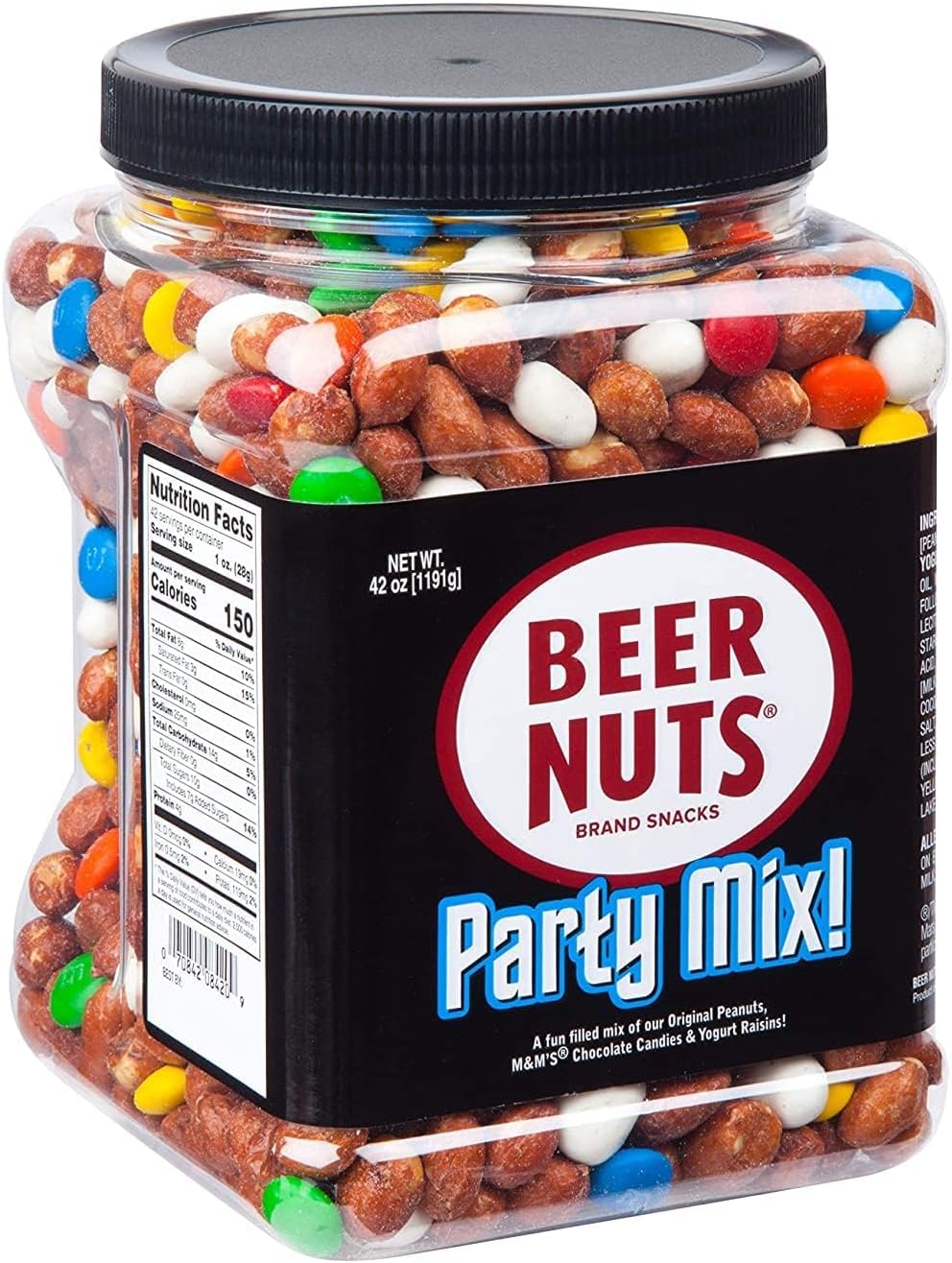 BEER NUTS Party Mix, Original Sweet & Salty Roasted Gourmet Peanuts, Plain Yogurt Covered Raisins, M&M's Milk Chocolate Candies - Kosher, Gluten Free, Family Size Resealable Packaged Snack (42oz, Party Mix)