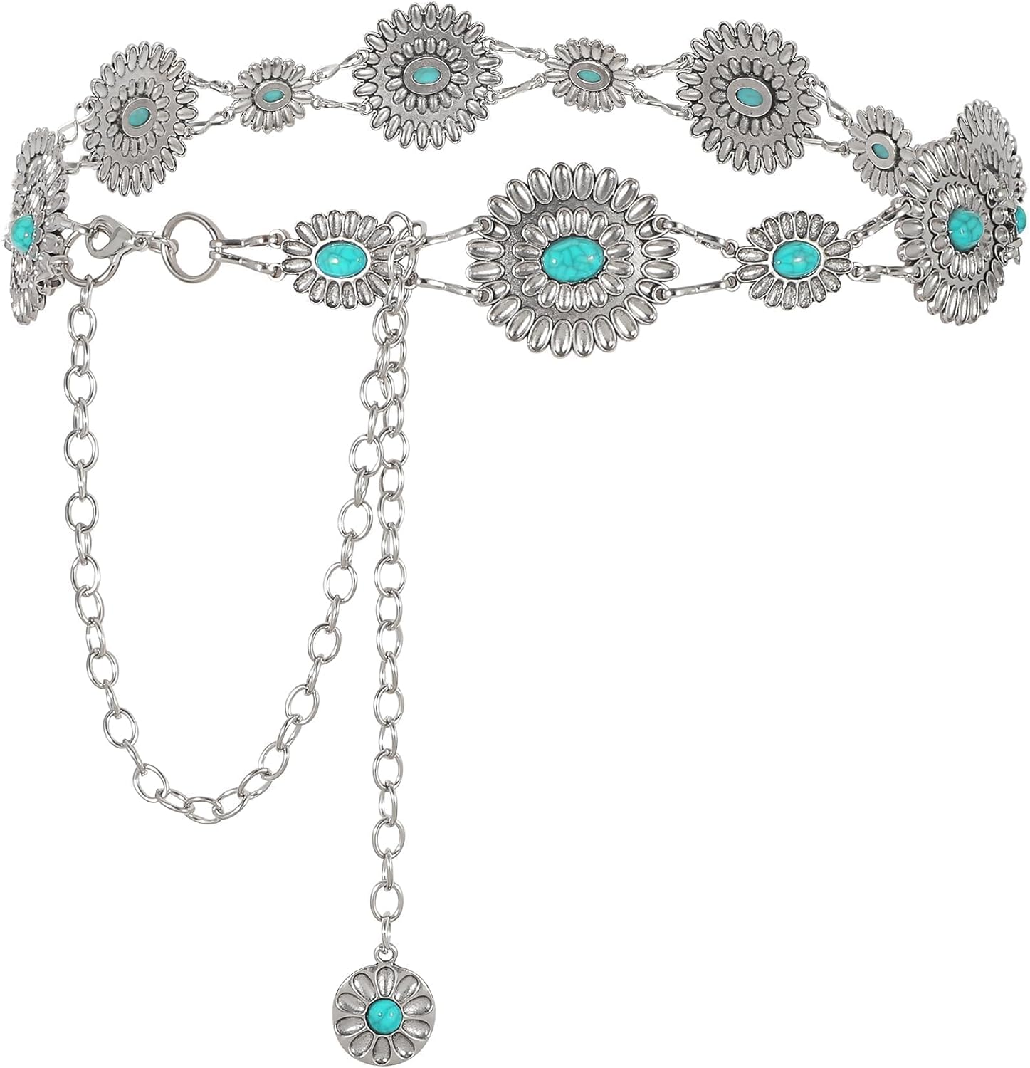 WHIPPY Women Concho Chain Belt Metal Link Western Cowgirl Turquoise Chain Belt for Dress