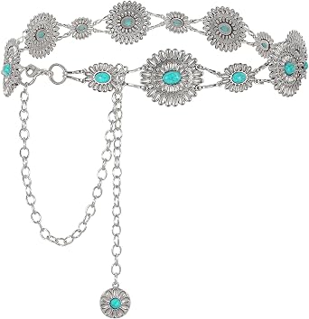 WHIPPY Women Concho Chain Belt Metal Link Western Cowgirl Turquoise Chain Belt for Dress