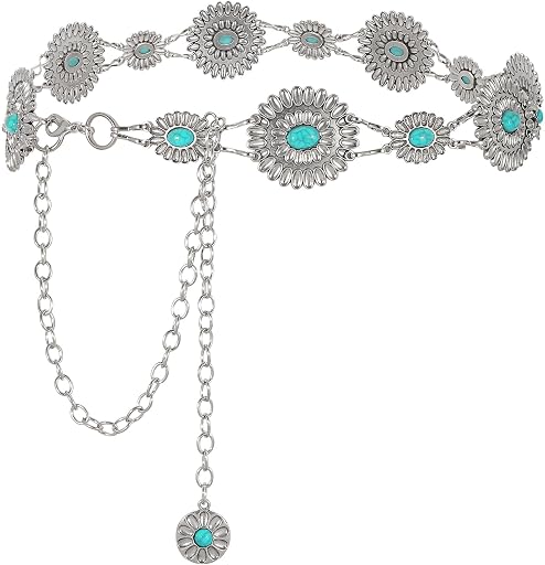 WHIPPY Women Concho Chain Belt Metal Link Western Cowgirl Turquoise Chain Belt for Dress