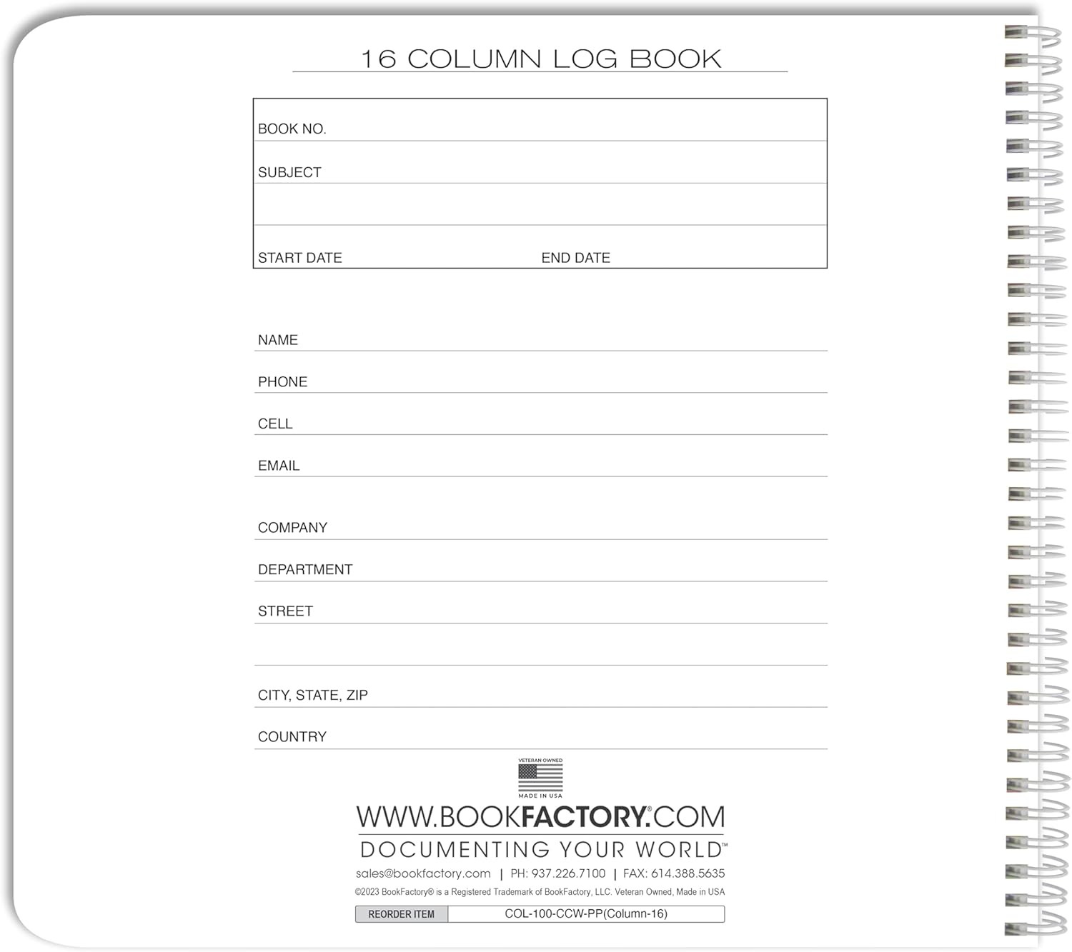 BookFactory 16 Column Log Book/Columnar Logbook/Notebook (16 Sixteen) Columns Columnar Book Format - 100 Pages, 12'' x 11'', Wire-O (Made in USA)