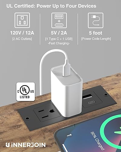 Miniatura 17 de Innerjoin Mesa auxiliar con estación de carga, juego de 2, mesa auxiliar en forma de C con tira de luz LED, puertos USB A y C de carga rápida, mesa