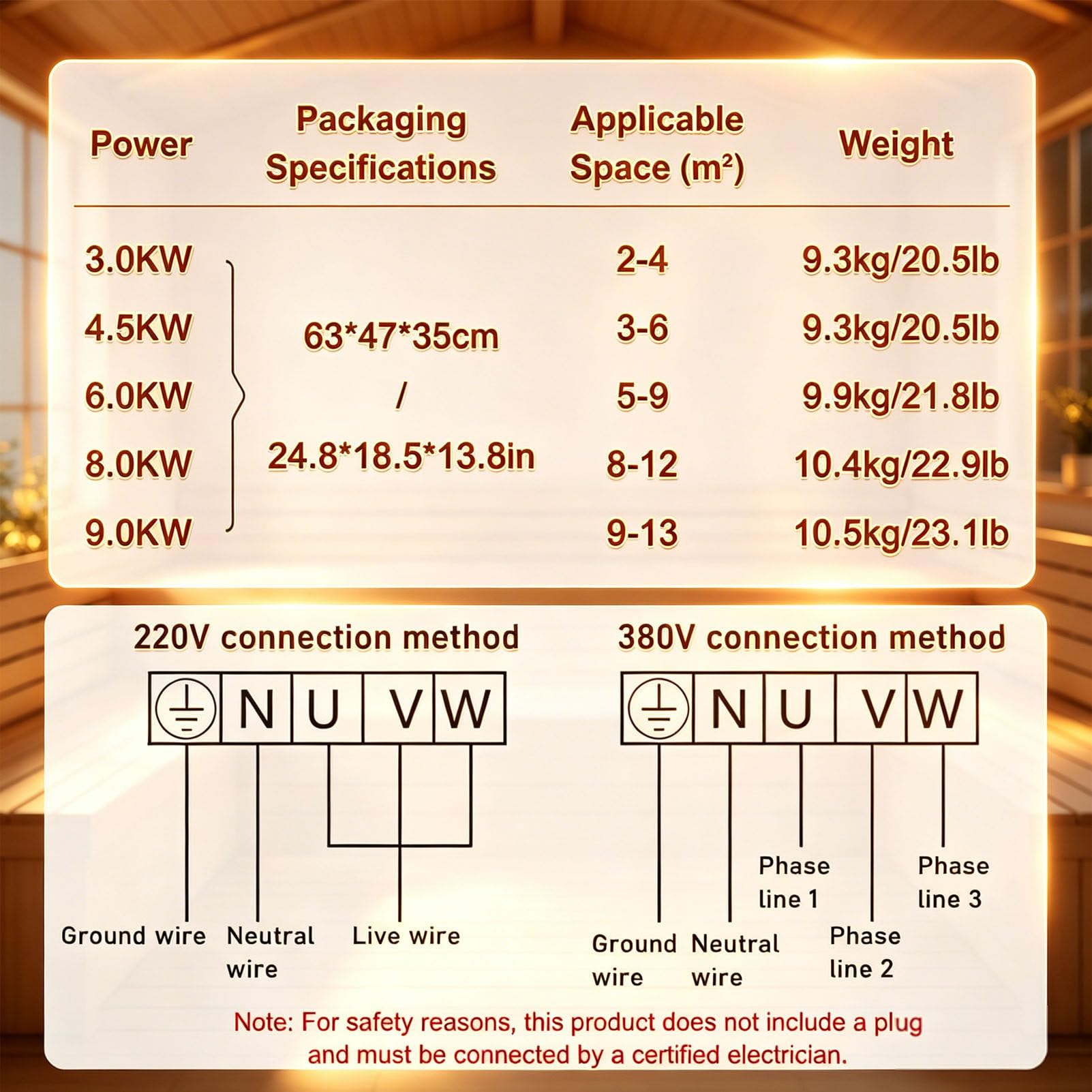 Riscaldatore per Sauna, Stufa per Sauna in Acciaio Inox, Temperatura Regolabile e Timer di 3 Ore, riscaldatore per Sauna a Secco, per bagni di Vapore, saune, Centri Benessere 110V-6KW