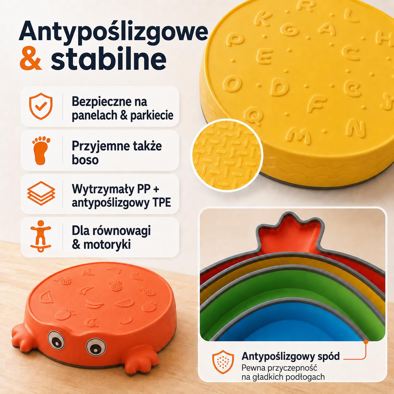 Kamienie do balansowania dla dzieci, antypoślizgowy tor przeszkód, 5 szt. | Od 3 lat, wypukłe motywy do nauki przez dotyk, spód TPE na parkiet i panele, udźwig 80 kg, 5 rozmiarów, do domu i ogrodu