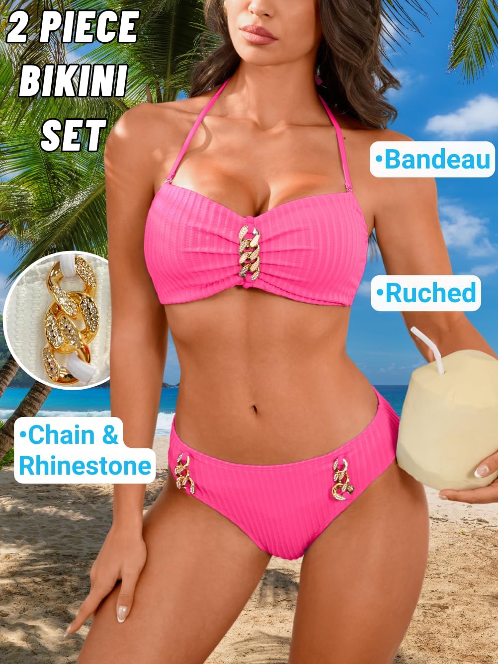 EHSUYAB Women Sexy Halter Bandeau Two Piece Bikini Set, Strapless Cheeky Bathing Suit,Mid Rise Ribbed Textured Swimsuit Beach