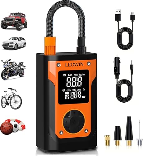 Compresor de aire portátil para inflador de neumáticos, bomba de aire de 150 PSI con batería recargable, adaptador de corriente para automóvil de 12