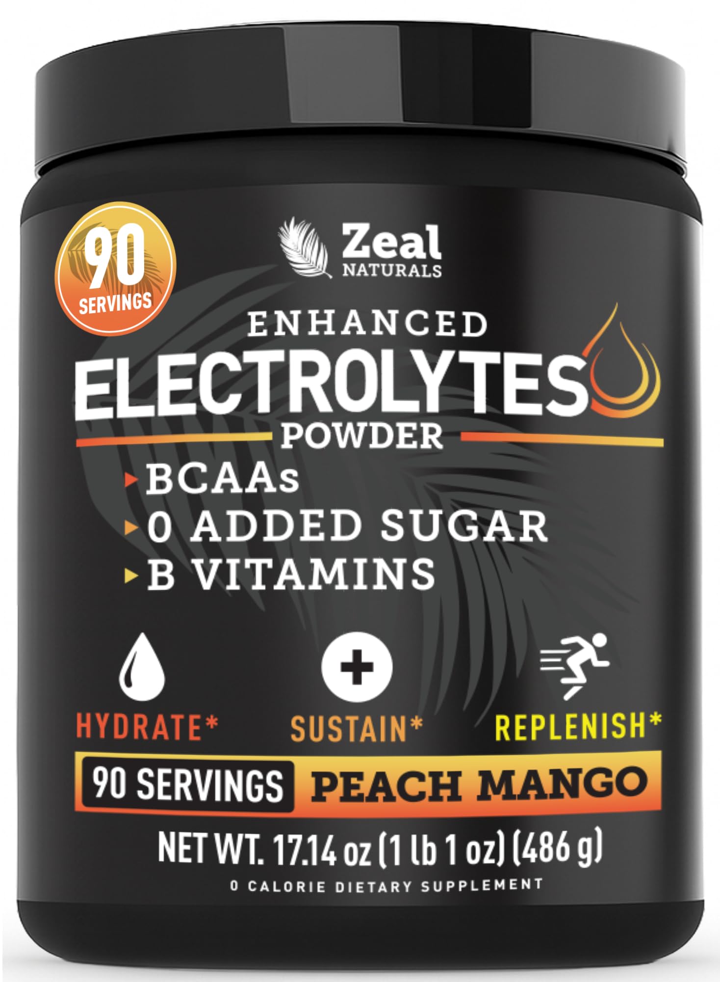 Zeal Electrolyte Powder - 90 Servings | Keto Electrolytes Powder | Zero Sugar, BCAAs, B-Vitamins | Potassium, Zinc, Magnesium | Hydration Powder Recovery Drink | Peach Mango