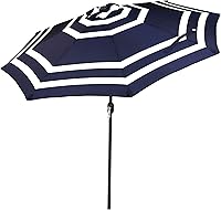 Sunnydaze 9ft Navy Blue Striped Patio Umbrella - Tilt Crank Market Table Umbrella with 8 Sturdy Ribs, Rust-Resistant Pole