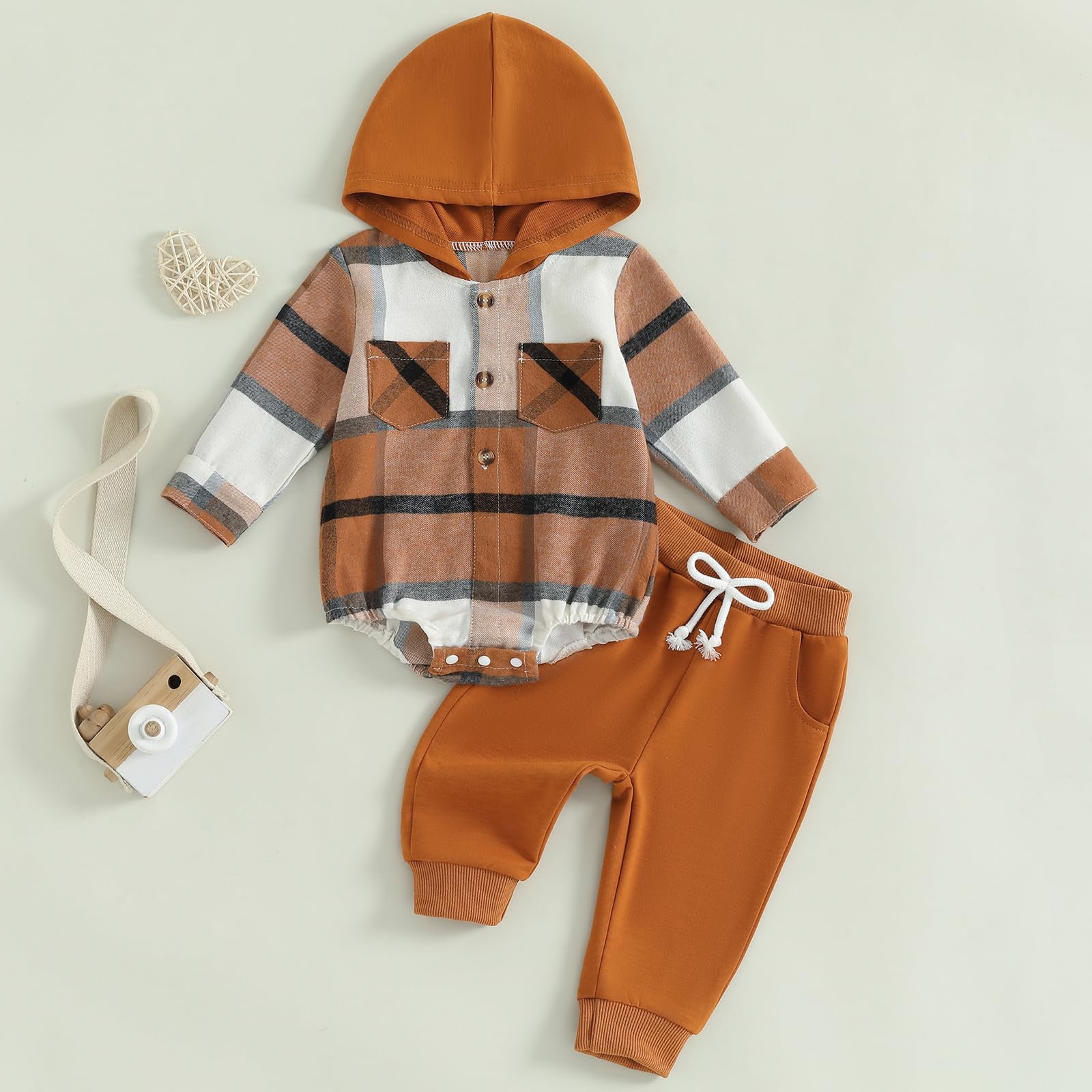 Douhoow Infant Baby Fall Clothes Boy Girl Plaid Hoodie Sweatshirt Romper Flannel Tops+ Sweatpants Festival Outfits (Khaki, 0-6 Months)