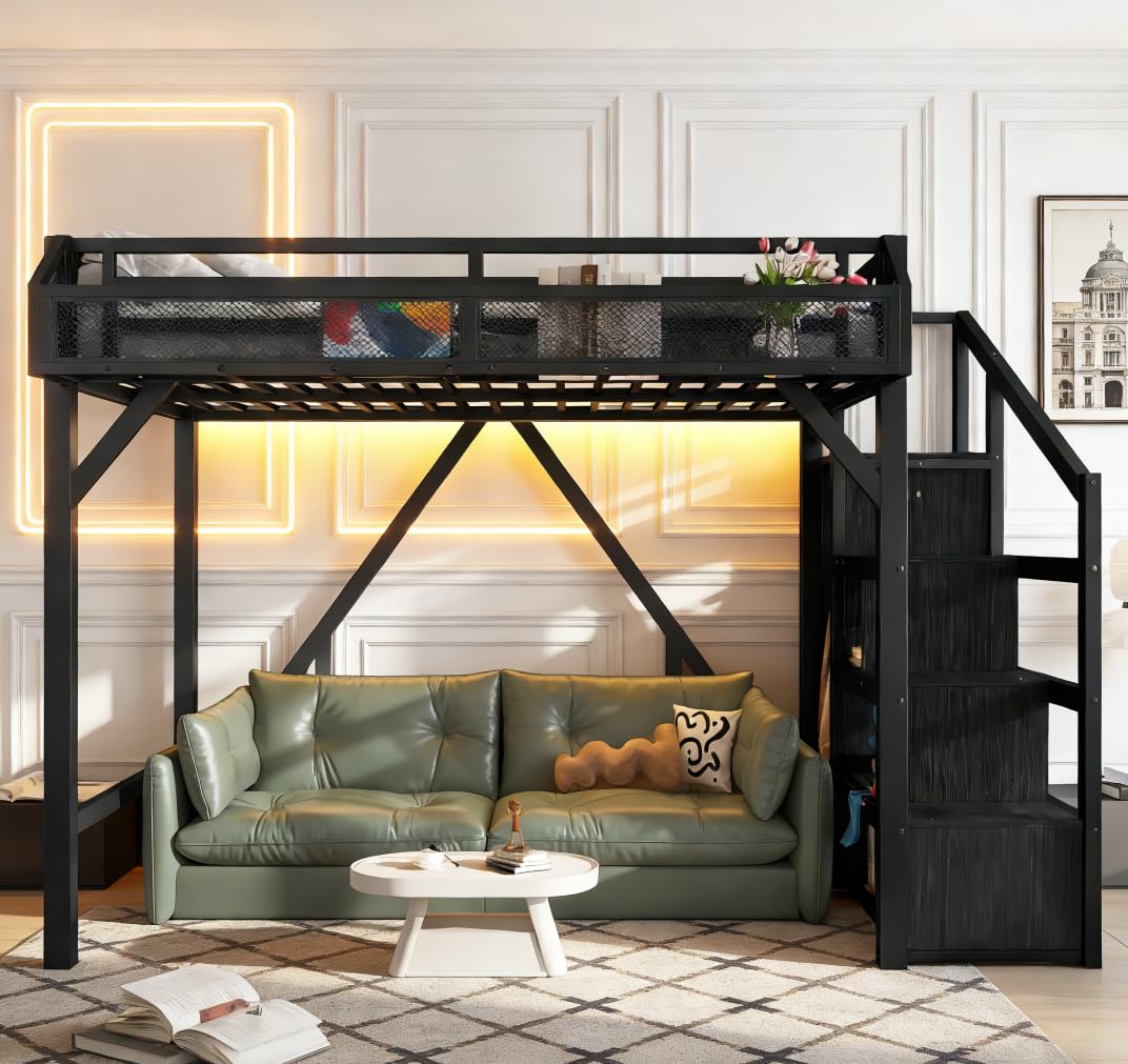 Bellemave Twin loft Bed with Storage Stairs, Wardrobe, Shelves, Metal Twin Loft Bed Frame for Adults, Kids, Teens, Black with Black Stairs