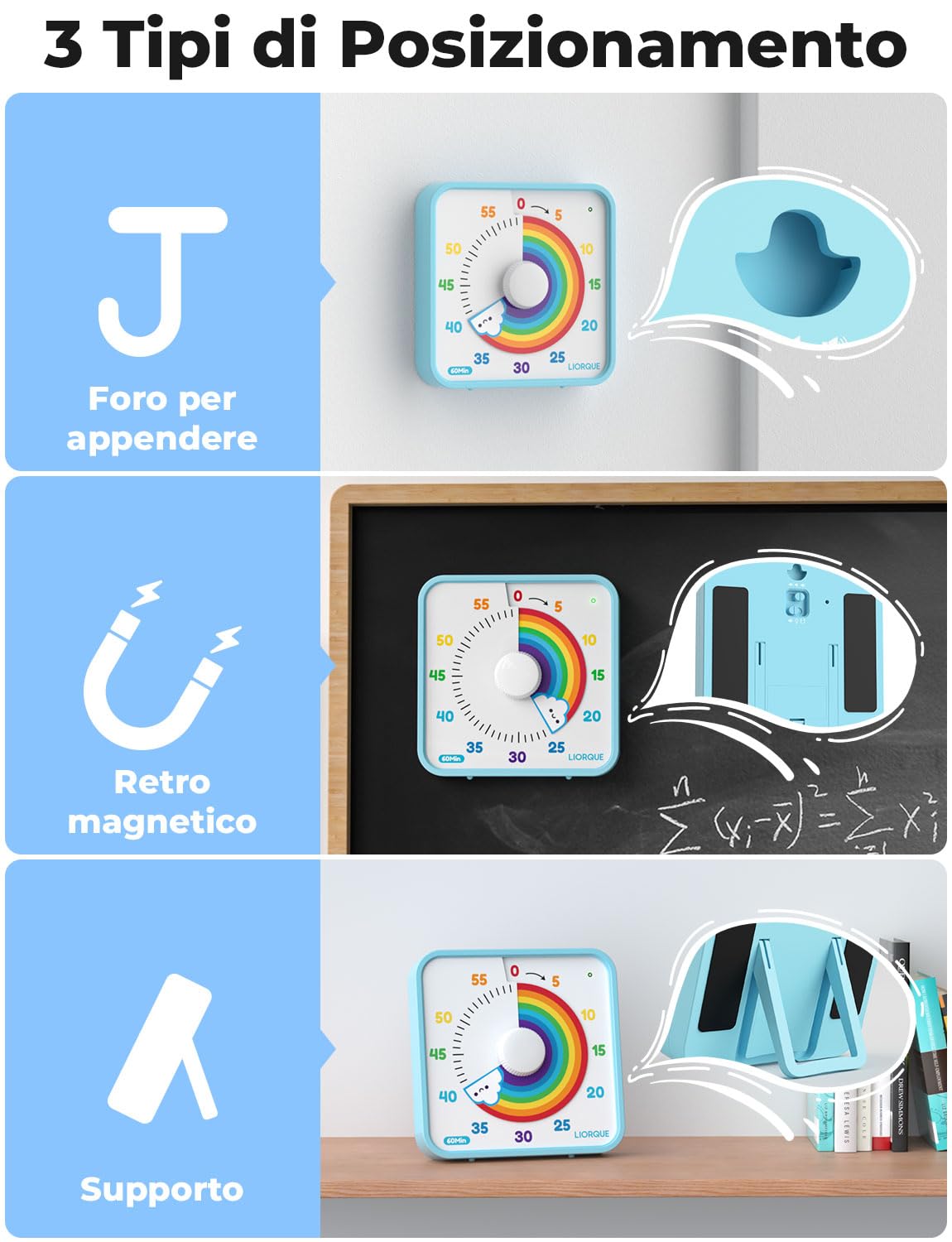 LIORQUE Timer Visivo da 19cm Timer per Aula Grande per Insegnanti, Timer per Bambini da 60 Minuti Senza Ticchettio con Retro Magnetico, 3 Livelli di Volume e Allarme Vibrante e Luminoso (Arcobaleno)