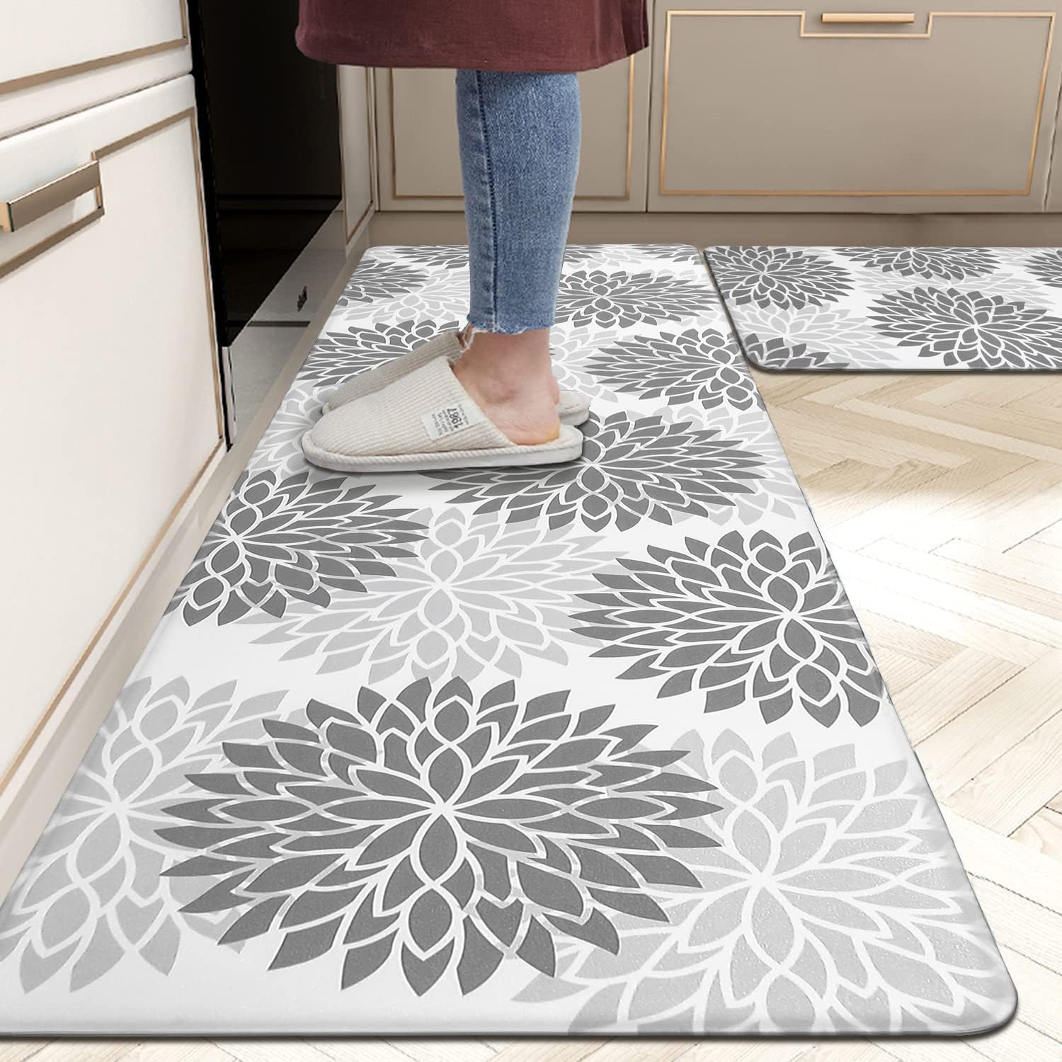 HEBE Kitchen Mats for Floor,Floral Anti Fatigue Kitchen Rugs Set of 2,Grey