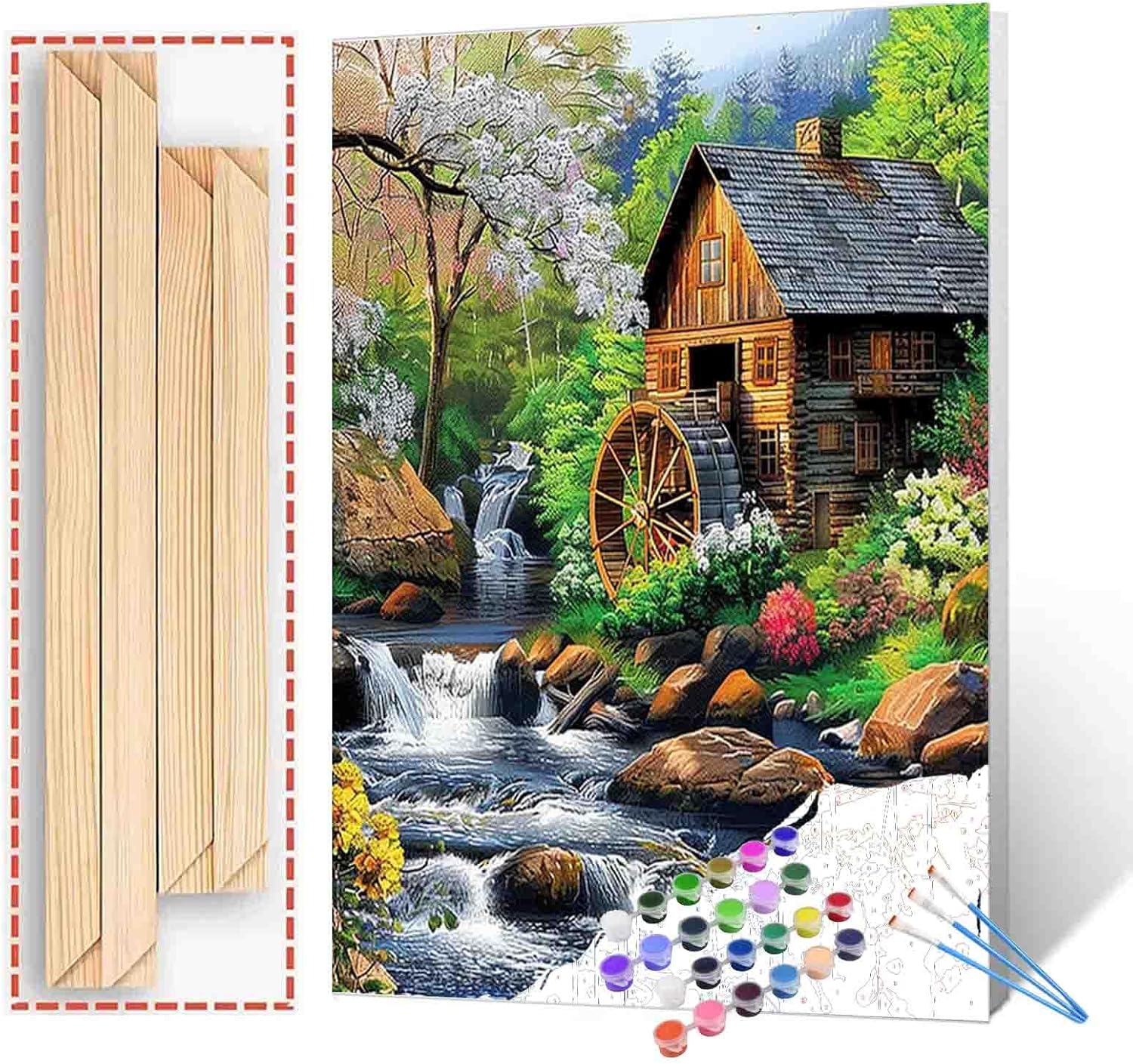 Forest Hut Surrounded by Flowers and Trees Waterfall Paint by Number On Canvas with Brushes Acrylic Paints Perfect for Paint by Numbers for Adults and Kids Students Beginner with DIY frame 16x20 Inch