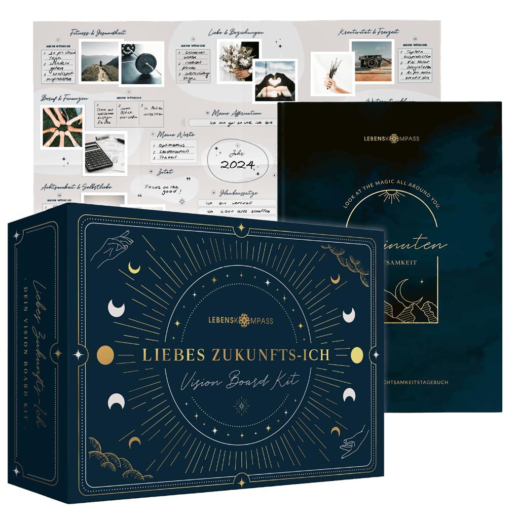 Lebenskompass® Vision Board Set ”Liebes Zukunfts-Ich” - 5 Minuten Achtsamkeitstagebuch “Mind” - Bastel Dein eigenes Visionboard und visualisiere das Leben deiner Träume