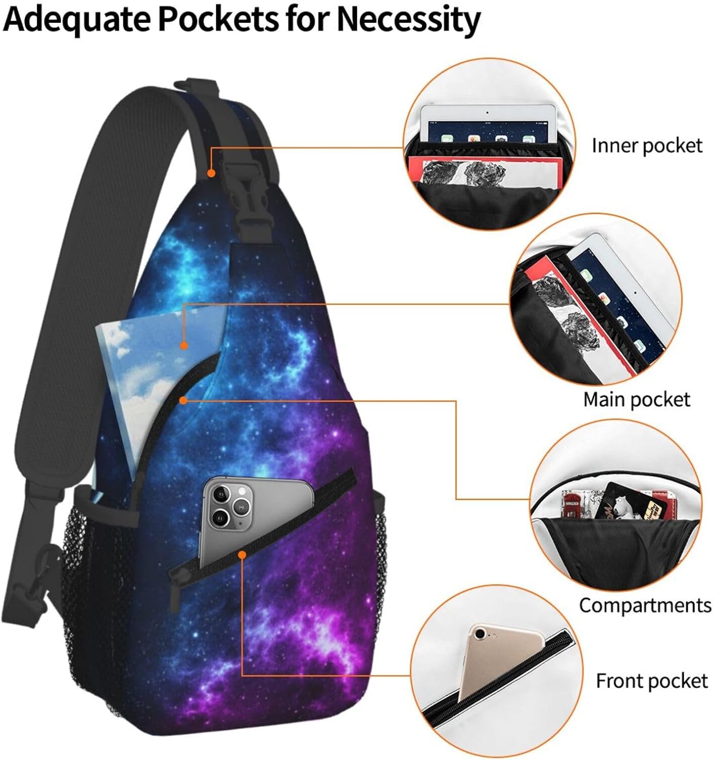 Galaxy Crossbody Sling Bags for Women Men Blue and Purple Galaxy with a Planet and a Moon Space Background Travel Sling Backpack Casual Shoulder Bag Universe Theme Gym Sports Hiking Daypack - Image 3
