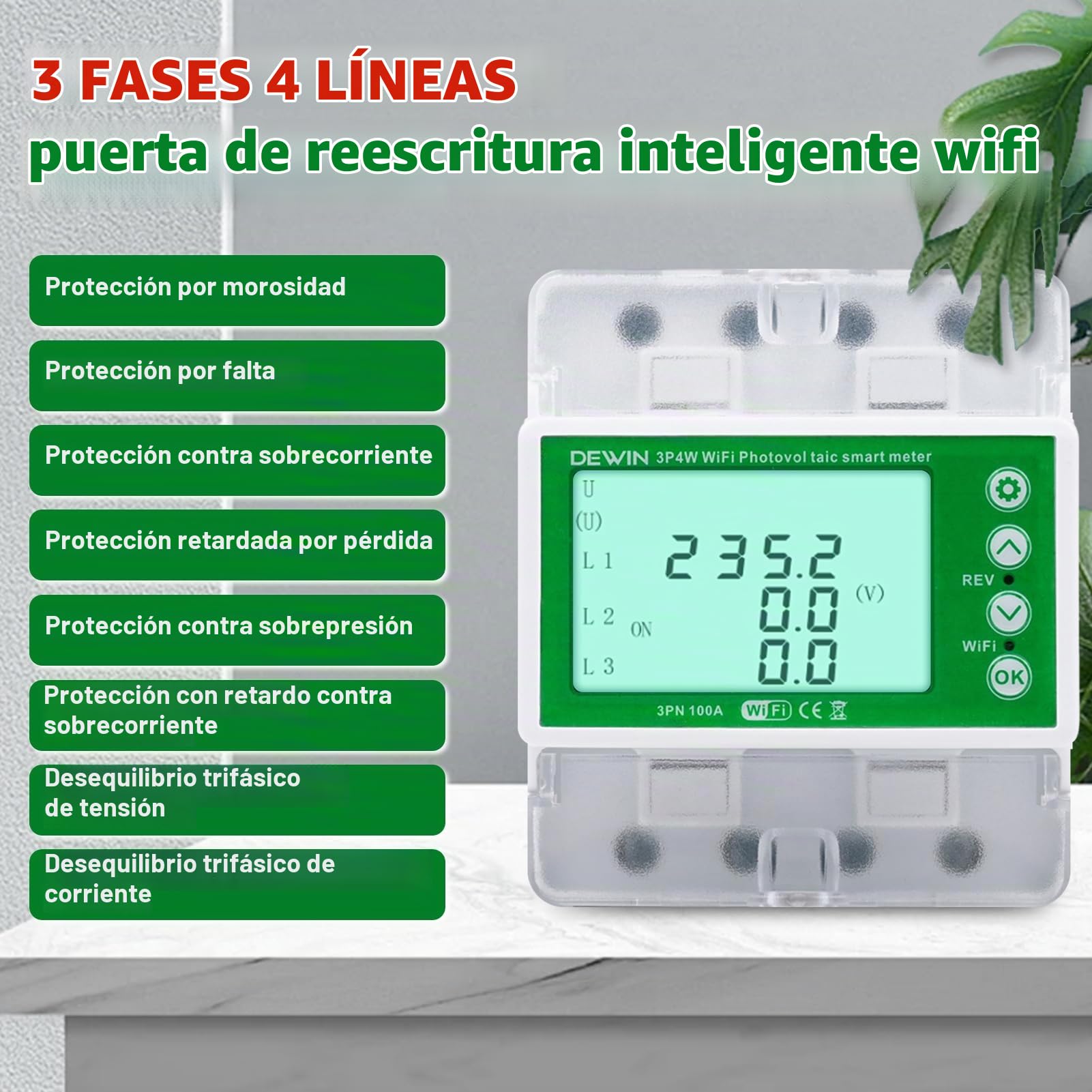 DEWIN WiFi Medidor de Consumo Electrico Trifásico 100A 380VAC Medidor de Energía Eléctrica Contadores de Energía Trifásicos sobre Raíles con Control de Tiempo (con manuales en español)
