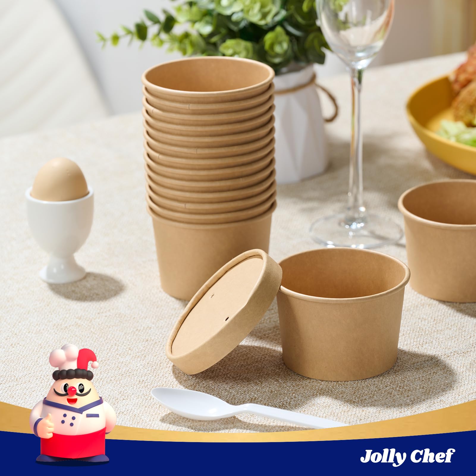 JOLLY CHEF Paquete de 50 recipientes desechables de papel para alimentos con tapas de 8 onzas | To Go - Cuencos de sopa desechables con tapas para restaurante, fiesta, picnic