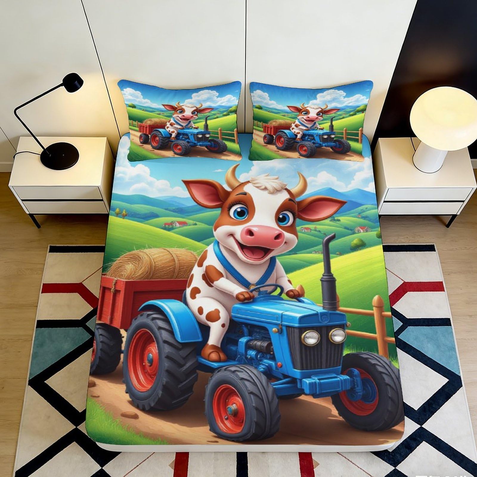 3D Printed Cartoon Cow Fitted Sheet Microfiber Soft Breathable Farm Tractor Bed Cover for Bedroom Dormitory Guest Room Mattress Protection Decor 140x200x25cm