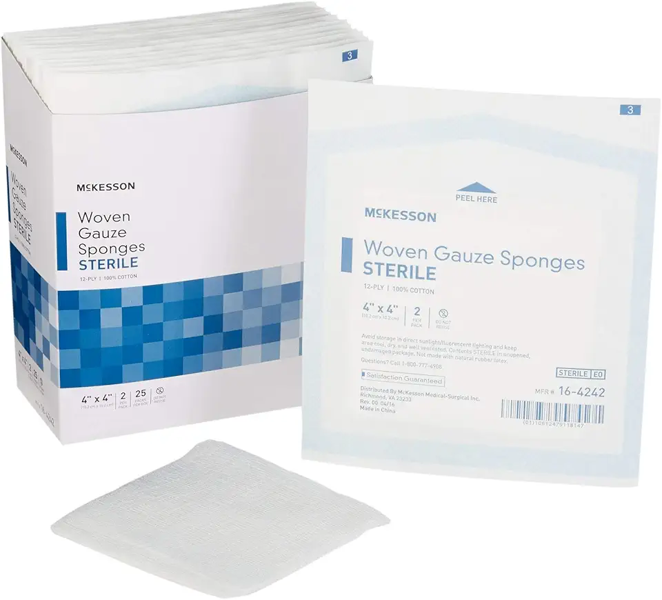 McKesson Woven Gauze Sponges, Sterile, 12-Ply, 100% Cotton, 4 in x 4 in, 2 per Pack, 25 Packs, 50 Total
