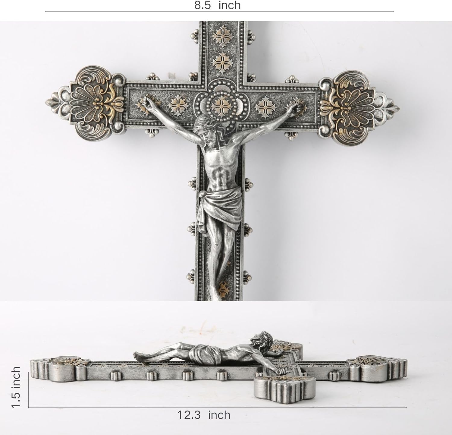BC Catholic Crucifix Wall Cross, 12"H Jesus Christ Home Decor, Religious Gift, Vintage Silver Color Finish, Renaissance Sculpture Hand-painted by Buildclassic