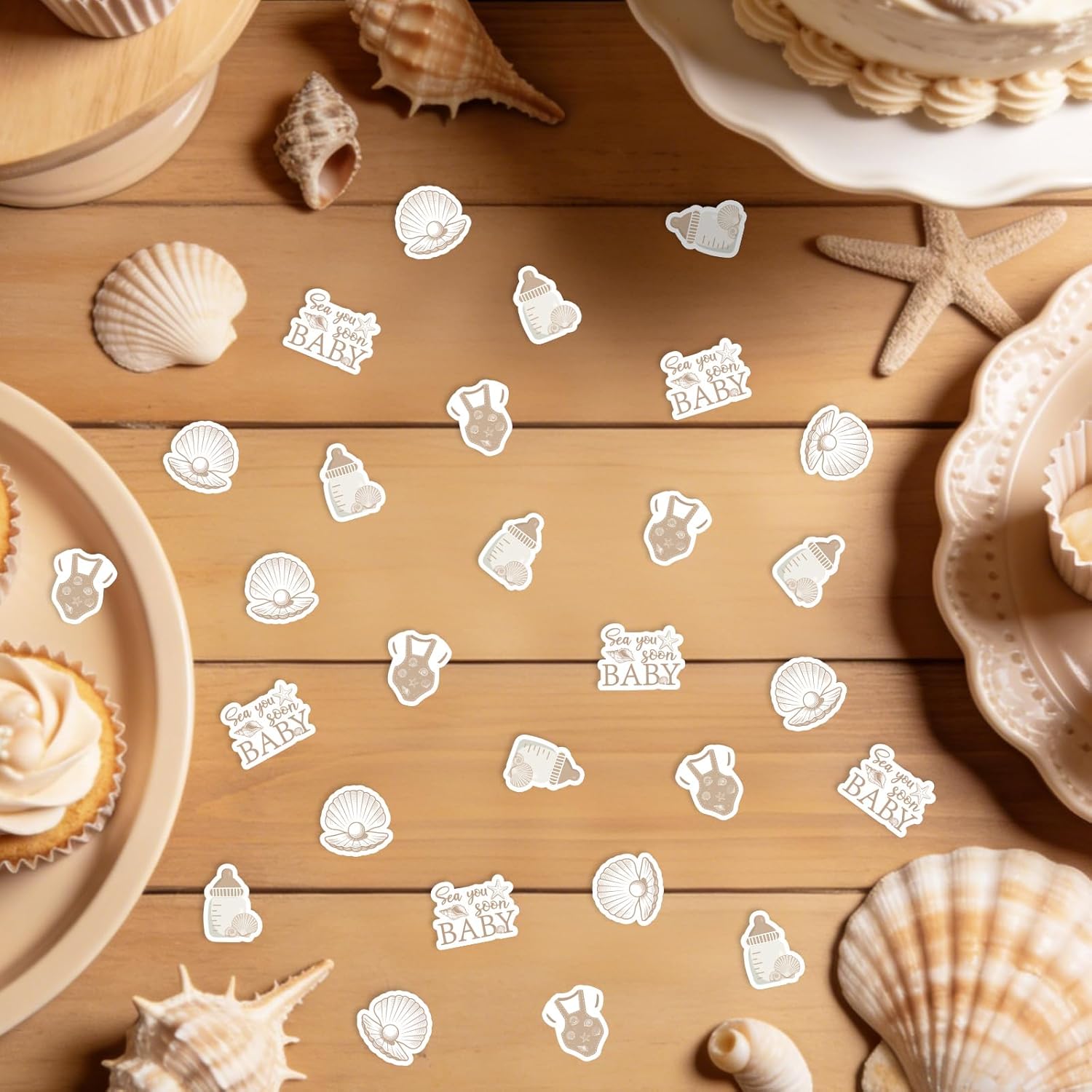 200pcs Sea You Soon Baby Shower Table Confetti – Double-Sided Ocean Themed Paper Scatters with Seashells, Starfish, and Coral for Nautical Gender Neutral Baby Party Decorations
