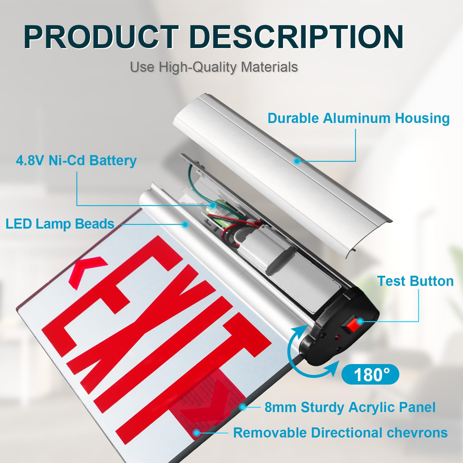 Señal de salida ED con luces LED rojas, carcasa de aluminio, placa acrílica giratoria con espejo de doble cara, señales de salida de emergencia con cable para negocios, montaje superior