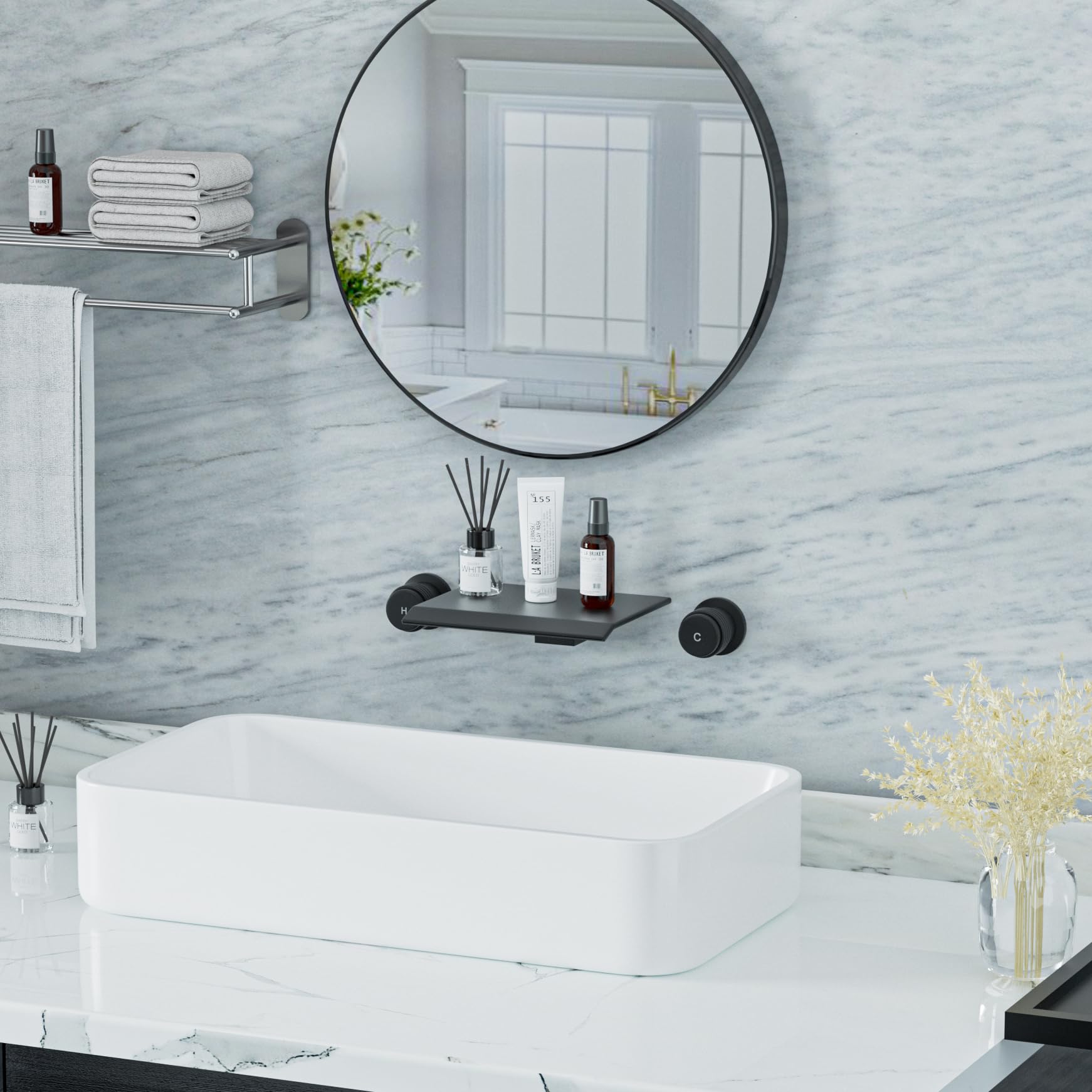 MONDAWE Waschbeckenarmatur Schwarz – Wasserfall-Design, 3-Loch Montage, Mit Pop-Up Ablauf, Hochwertiges Messing