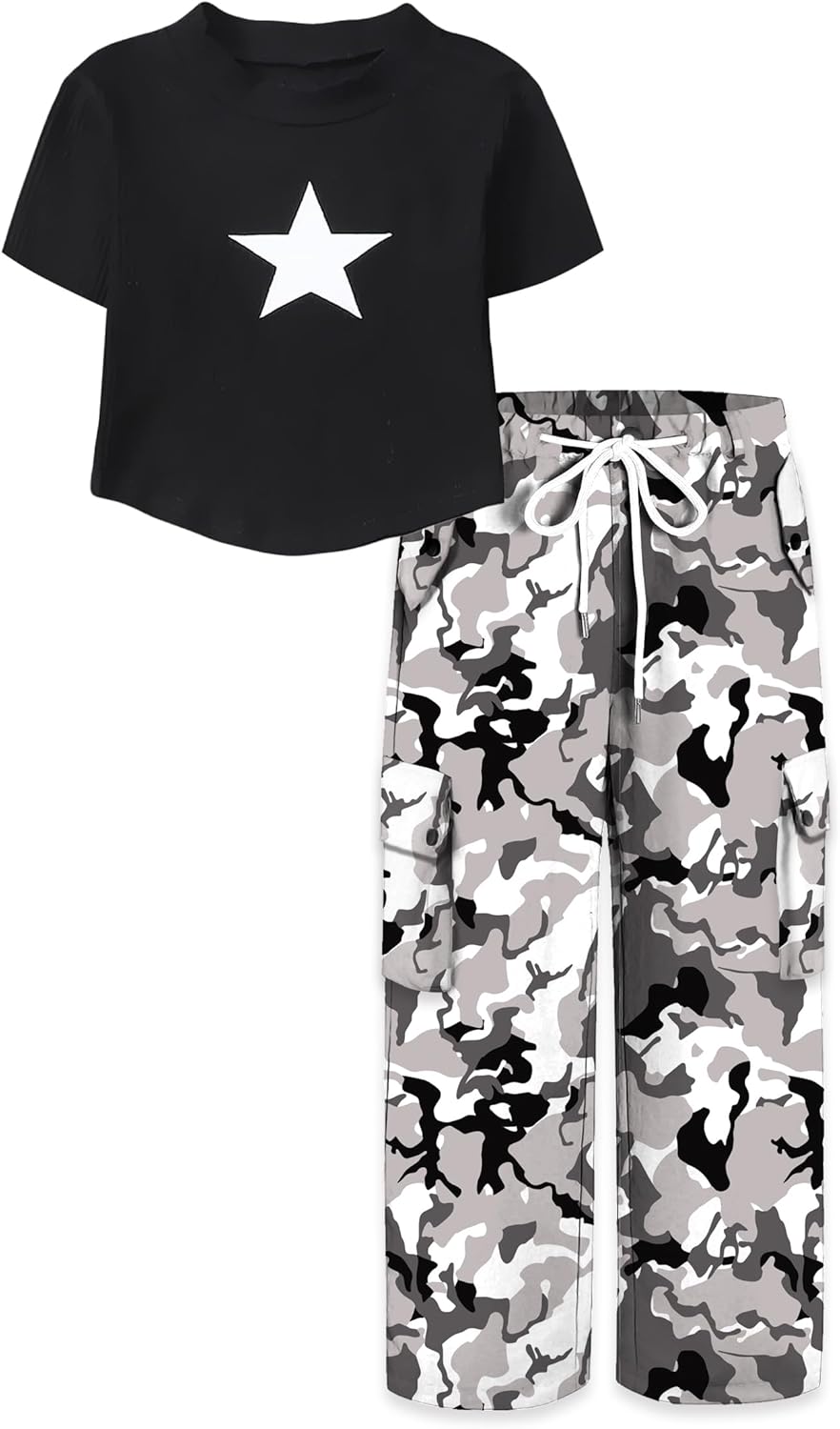ARTMINE Girls' 2 Piece Outfits Wide Leg Drawstring Cargo Pants and Short Sleeve Top Set, 6-14 Years