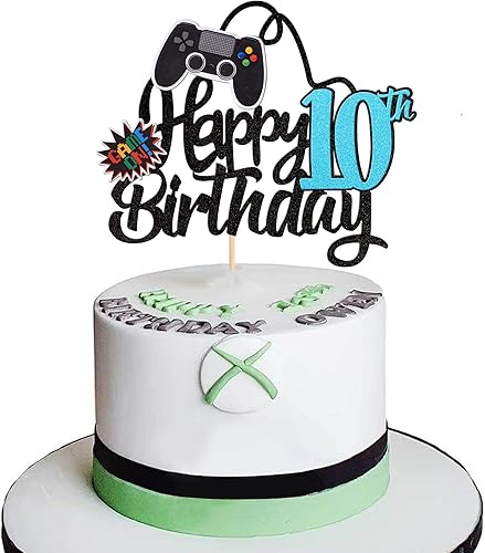 1 pieza de decoración de pastel de 10 cumpleaños con purpurina para videojuegos, juego de selección de pasteles en controladores, decoración de