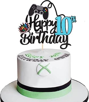 1 PCS Video Game Happy 10th Birthday Cake Topper Glitter Video Game Cake Pick Game On Controllers Ten Cheers to 10 Years Cake Decoration for Happy 10th Birthday Party Supplies Blue