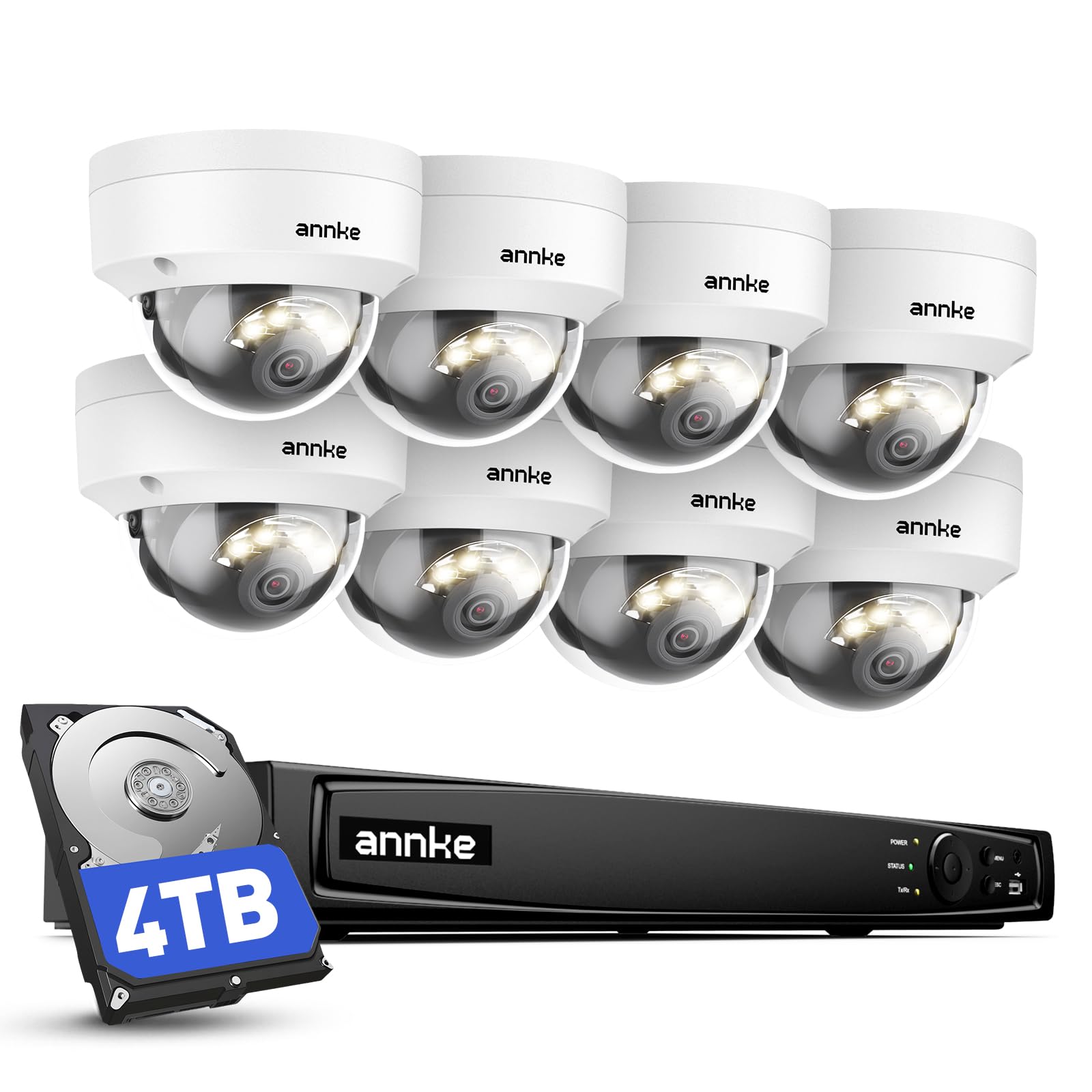 ANNKE Kit di sorveglianza cablata, 4K 16CH PoE con audio e telecamera IP 8X 8MP PoE impermeabile IP67, Resistente agli atti vandalici IK10, 4TB per registrazioni interne 24/7, visione notturna 30M