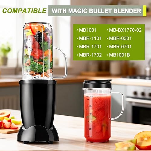Miniatura 2 de Paquete de 2 Vasos de Licuadora Magic Bullet, Vaso Alto de 22oz con Tapa Abatible Para Llevar y Cuchilla Cruzada de 4 Aletas Repuestos de Licuadora,