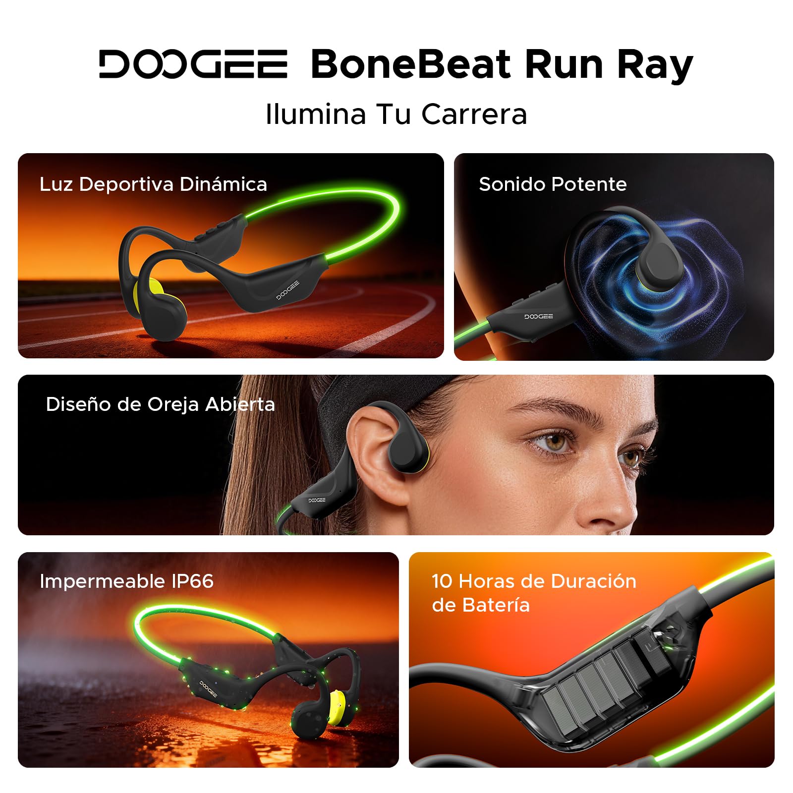 BoneBeatRunRay Auriculares Conduccion Auriculares Deportivos Inalámbricos Open-Ear con Luz LED Seguridad Auriculares Impermeables IP66 10h Autonomía Carga Rápida para Correr Gimnasio-Negro